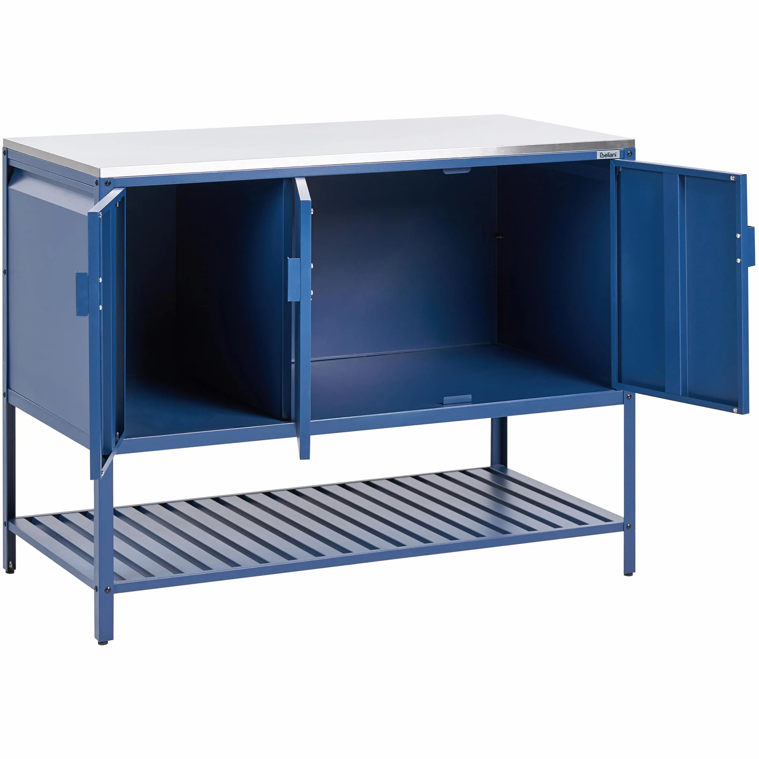 Beliani Conjunto de Armario de Cocina y Mesa de Bar para Exterior de Acero 3 Puertas encimera de Acero Inoxidable jardín Azul Maenza