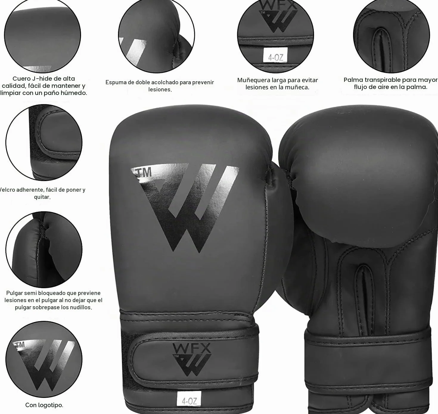 WFX Guantes de boxeo para niños 56.7g 113.4g 170.1g entrenamiento artes marciales mixtas saco boxeo kickboxing Muay Thai negro