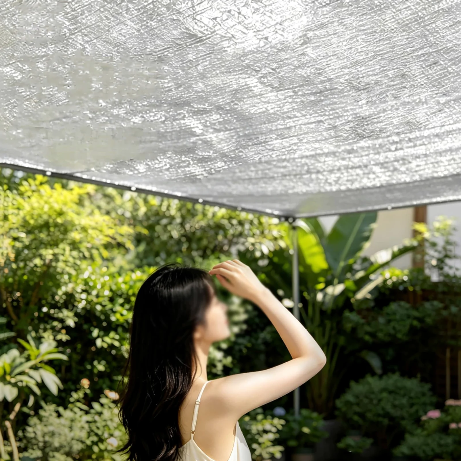 4x10m Malla Sombra Aluminio Reflectante 90% con Ojales Cada 50cm, Lona Parasol Plateada Anti UV para Terraza, Balcón, Pérgola, Invernadero, Aparcamiento y Jardín Exterior
