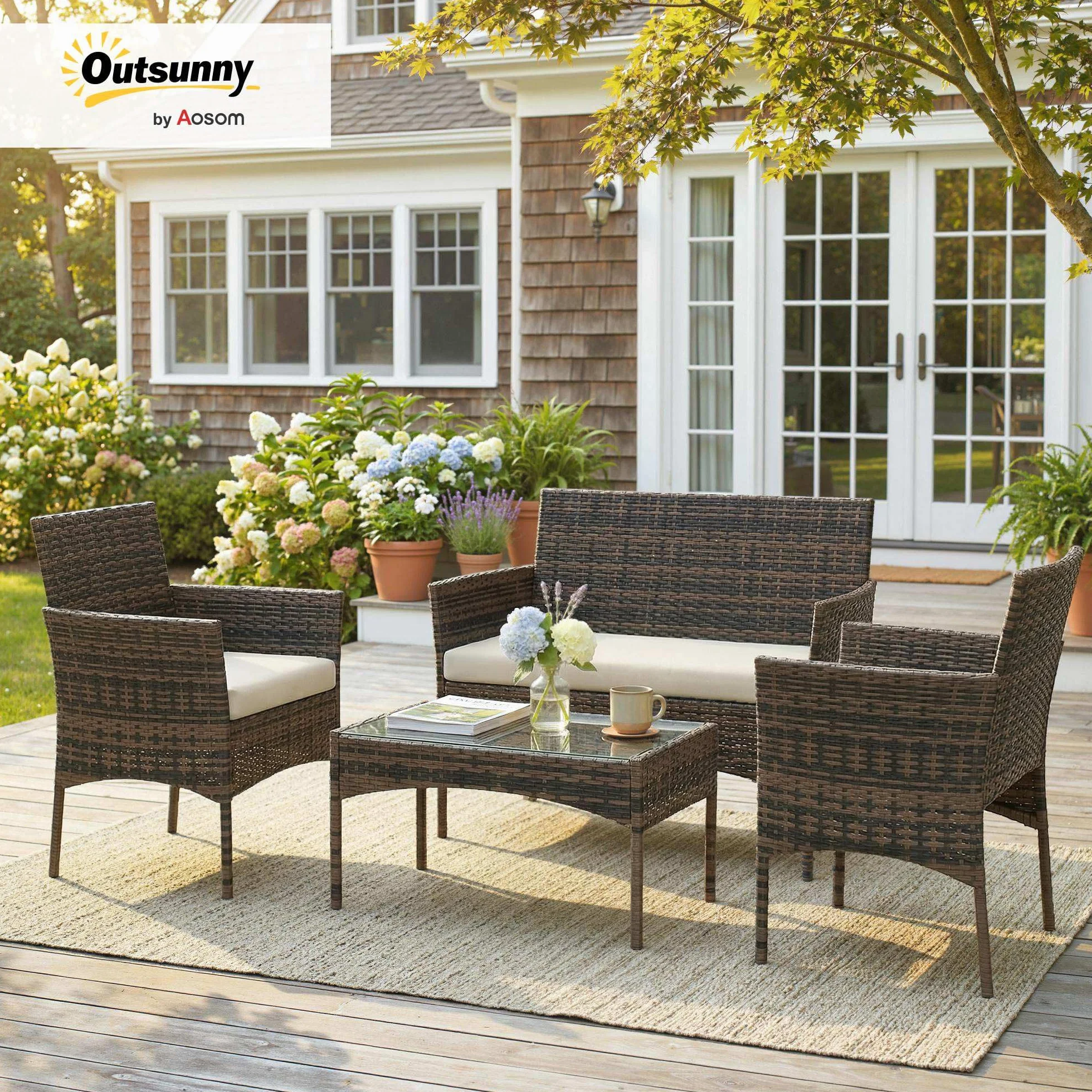 Outsunny Conjunto Jardín Exterior de Ratán con Cojines Conjunto Terraza Resistente a la Intemperie Muebles Jardín Exterior con 2 Sillones Sofá de 2 Plazas Mesa con Cristal Marrón