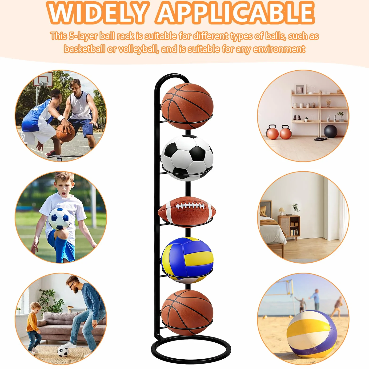5 Niveles Soporte de Bola de Metal Negro, Estante Almacenamiento Balones Fútbol, Voleibol