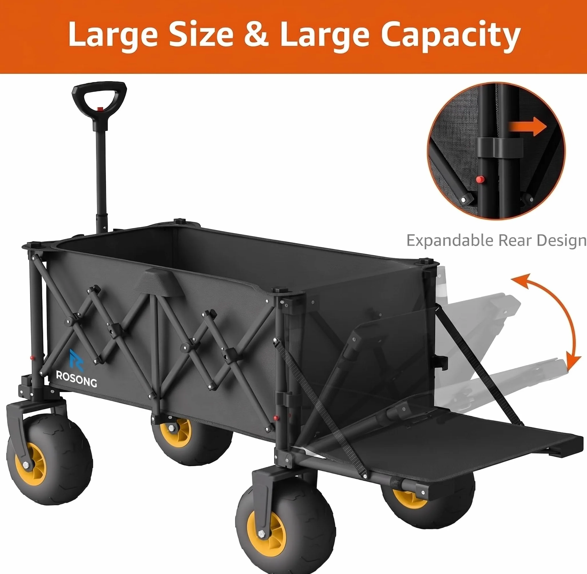 ROSONG Carro Playa Plegable con Ruedas Grandes Todoterreno Carrito Transporte Plegable Puerta Trasera Abatible Carro para Playa Camping Jardín,Negro