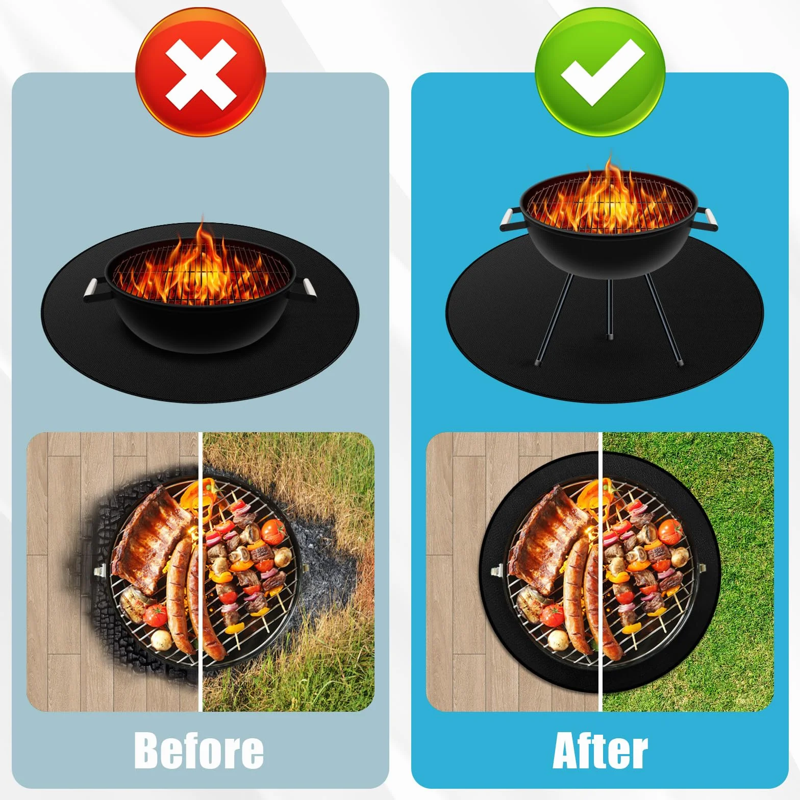 120cm/48”Redondo Alfombra Ignifuga，Reutilizable Alfombra Barbacoa Exterior Alfombra Chimenea Ignifuga Alfombra Ignífuga Plegable Grande Para BBQ Suelo Camping Brasero Exterior