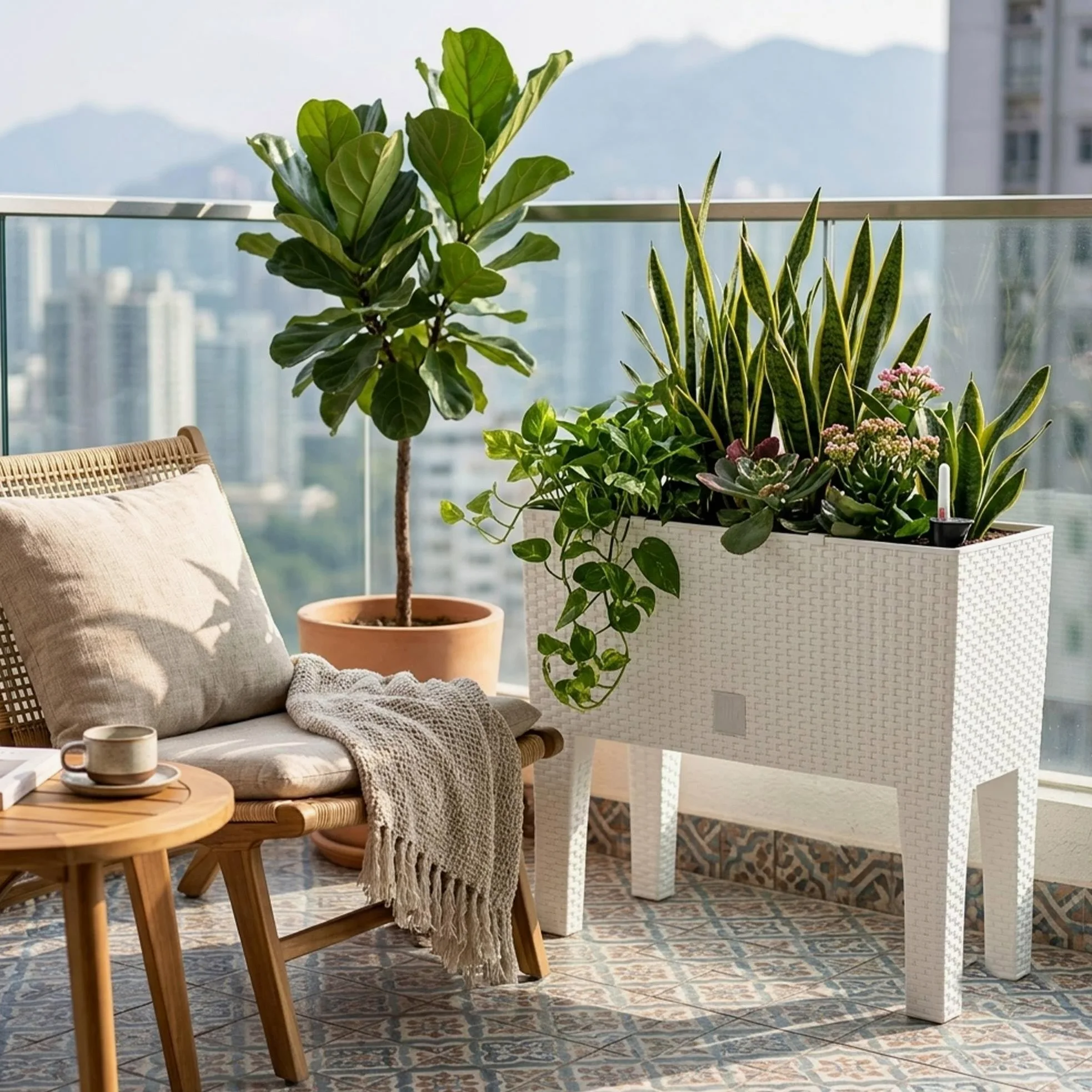 Jardinera para Flores, Jardinera Alta con Patas, Maceta Grande de Exterior/Interior, Plástico Efecto Trenzado Rattan, para Terraza, Jardín o Salón, Resistente UV, 46 Alto x (60x25) cm, Color Blanco