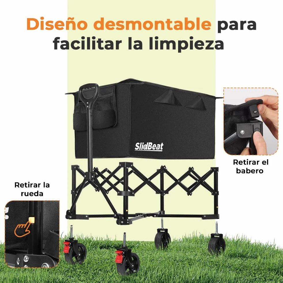 SLIDBEAT Carro de Playa Plegable (150L) para Camping, Picnic y Jardín. Carga 150KG, Ruedas Todo Terreno, Doble Freno y Mango Ajustable. Recipiente Interior Extraíble y Lavable a Máquina