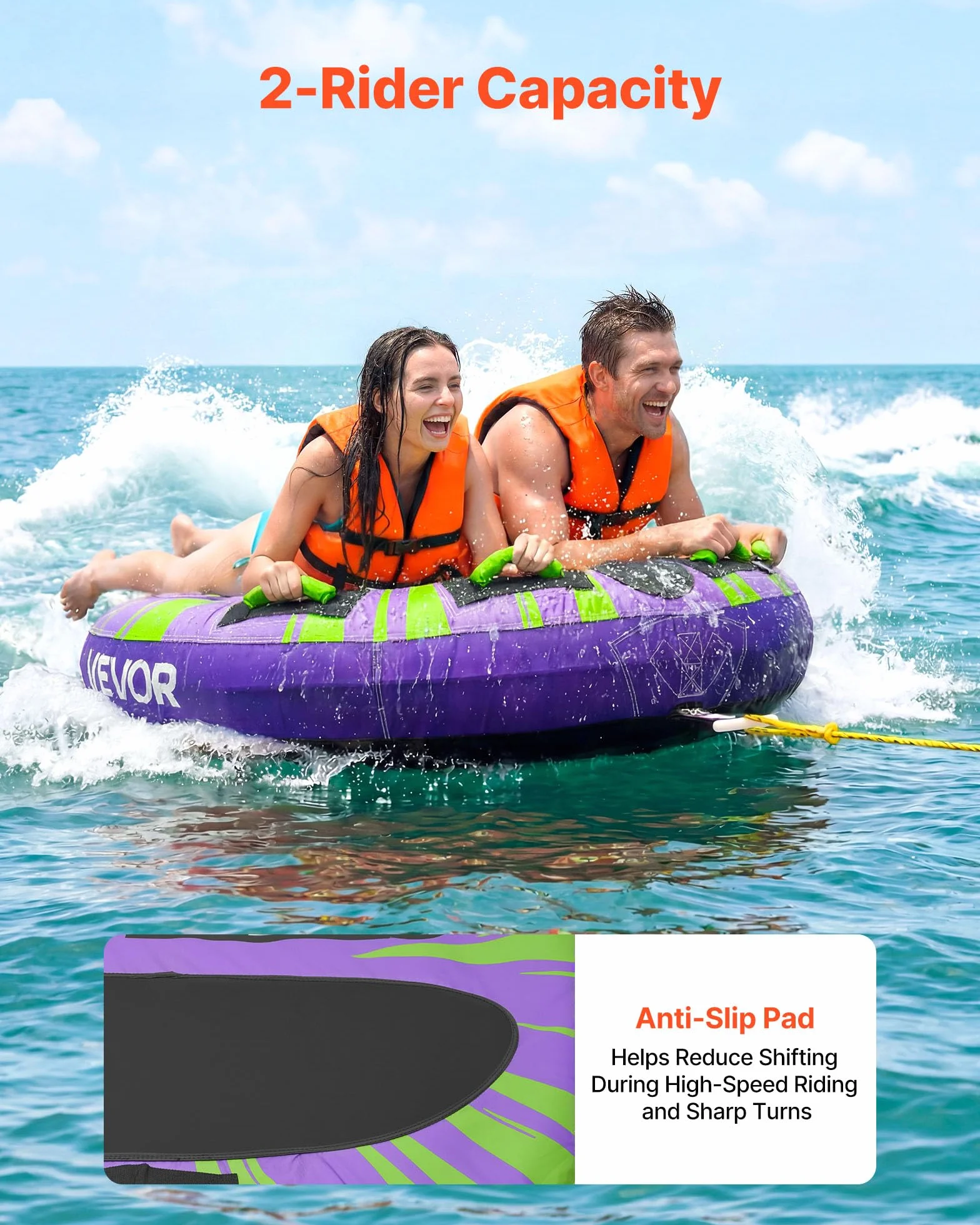 VEVOR Flotador de Arrastre Inflable 130 cm, Deportes Acuáticos, 2 Personas, 154 kg, Almohadilla Antideslizante, Morado