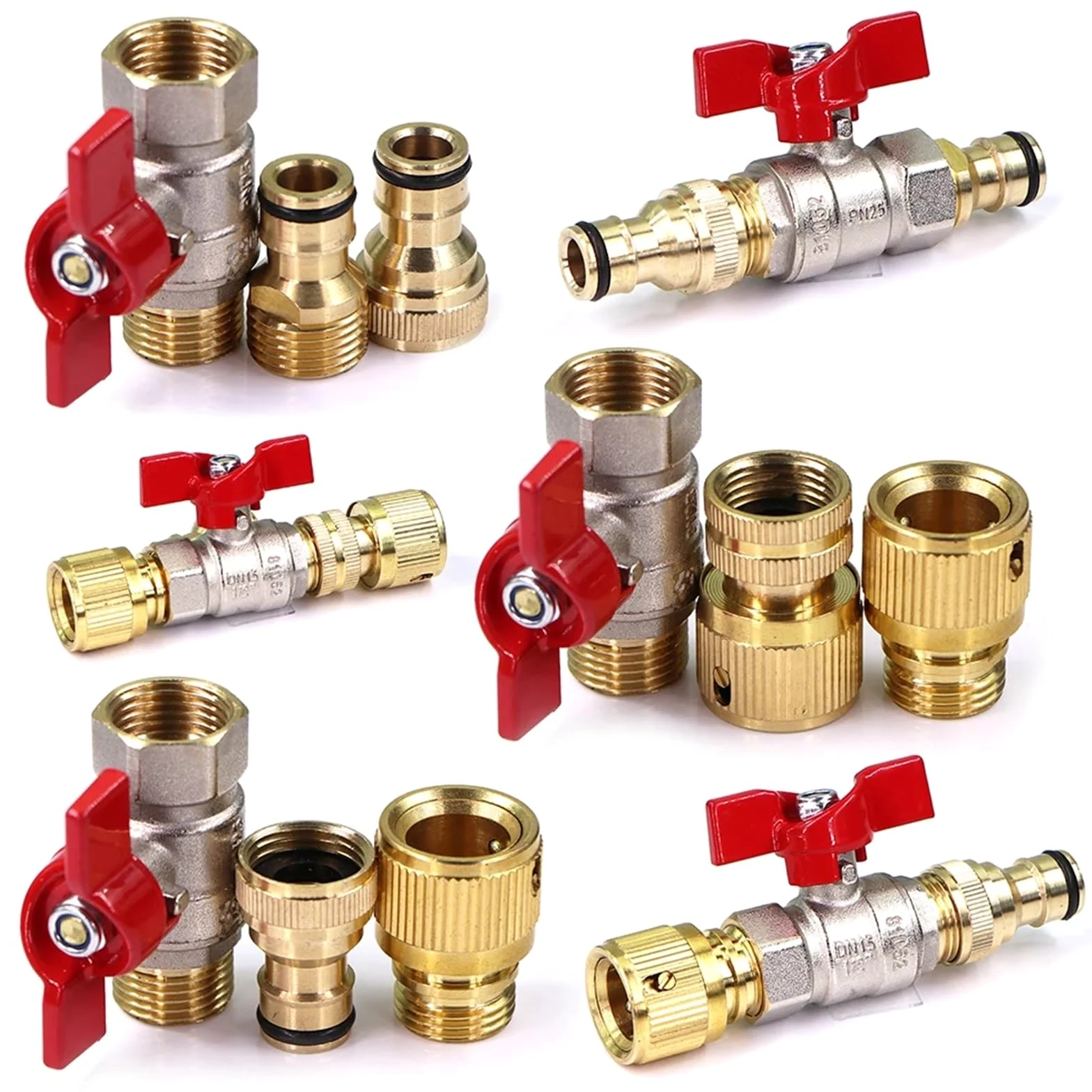 Adaptador de manguera de válvula de bola de latón de 1,27 cm, conector rápido de chupete de 16 mm para riego de jardín, junta de acoplamiento extensor (B-1 juego)