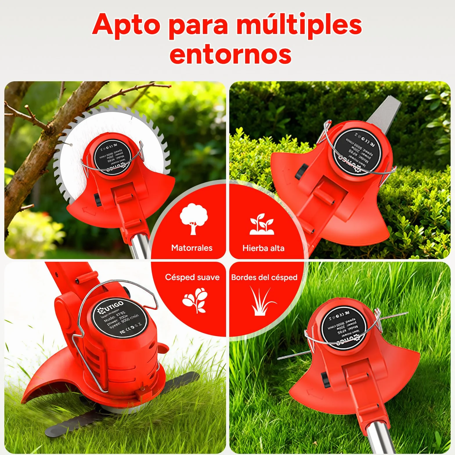 OUTIGO Cortadora de césped eléctrica inalámbrica, desbrozadora inalámbrica con 2 baterías y 4 Cuchillas, Recortar Malas Hierbas, césped Exterior y Ramas pequeñas, Decespugliatore Elettrico