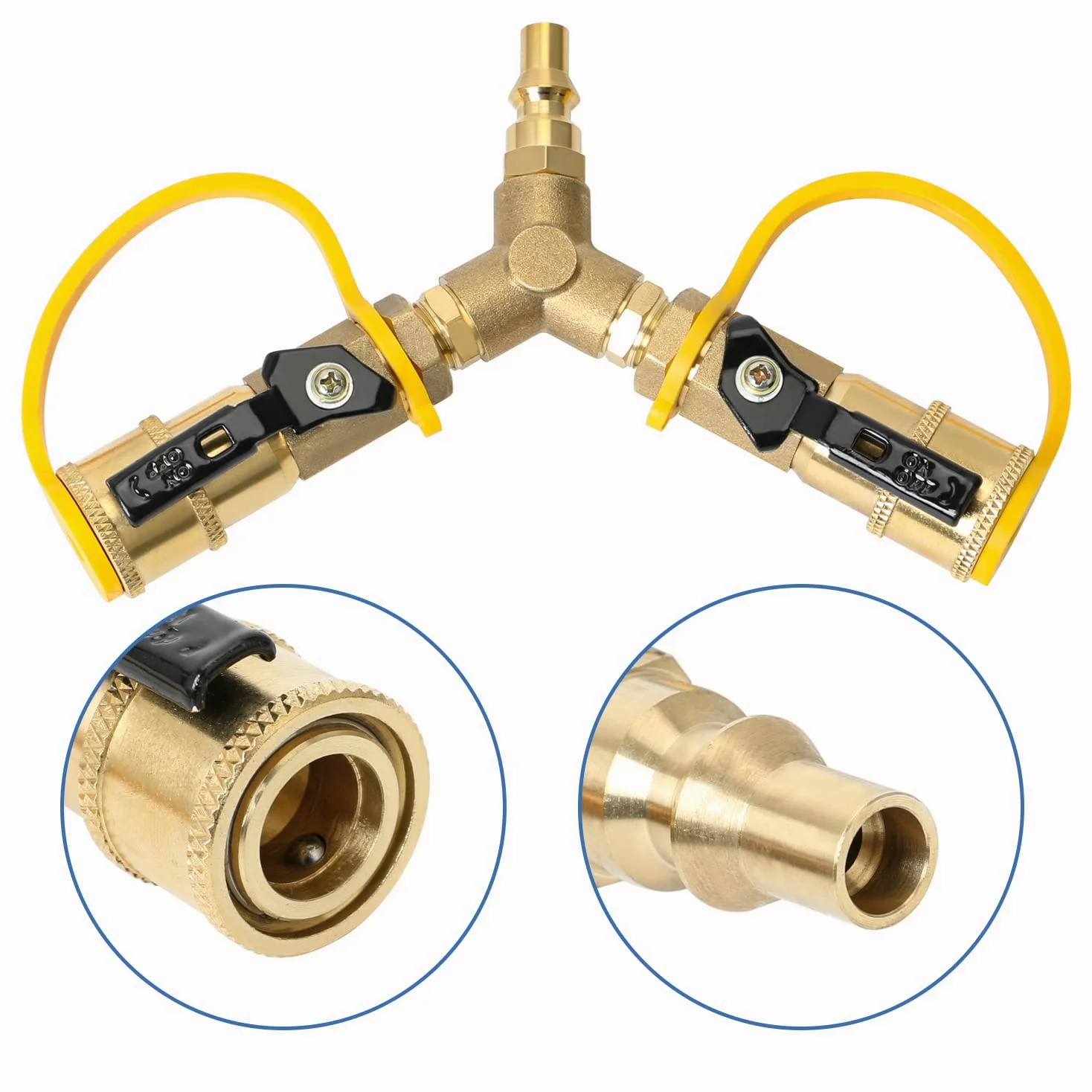 ATKKE Adaptador divisor en Y de propano RV de conexión rápida de 1/4 pulgadas con válvula de apagado para remolque RV, adaptador de gas de vuelta de 2 maneras para manguera de desconexión rápida para