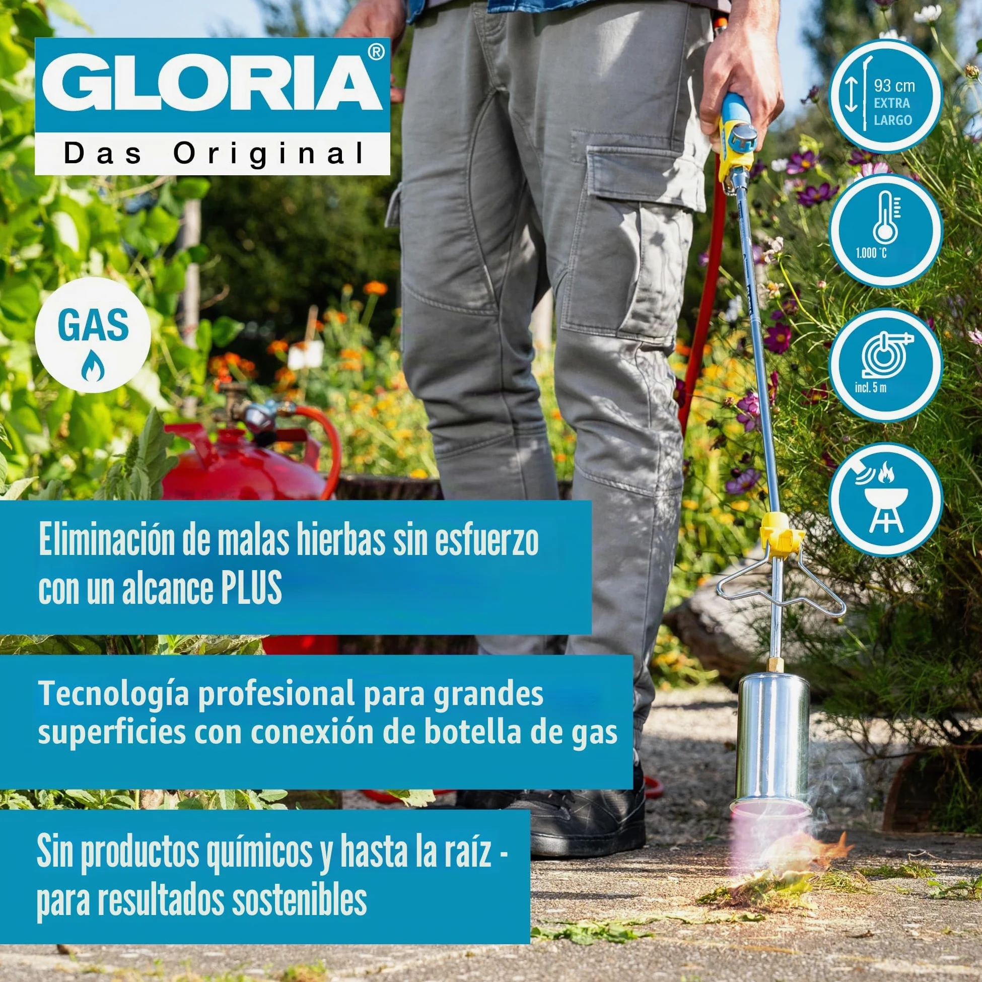 Gloria Bio Professional Plus - Juego de Quemador de Malas Hierbas a Gas, Potente y Duradero, para Grandes Superficies, conexión a Cartucho de Gas a presión, para la maleza del jardín y de los Caminos