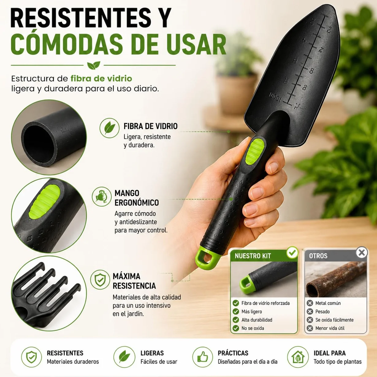 Kit 5 Herramientas de jardinería Resistente de Fibra de Vidrio Ideal para jardín, huerto Urbano o terraza | Kit jardineria Completo Que Incluye: Pala, Rastrillo, Azada, Tijeras de Podar y Guantes.