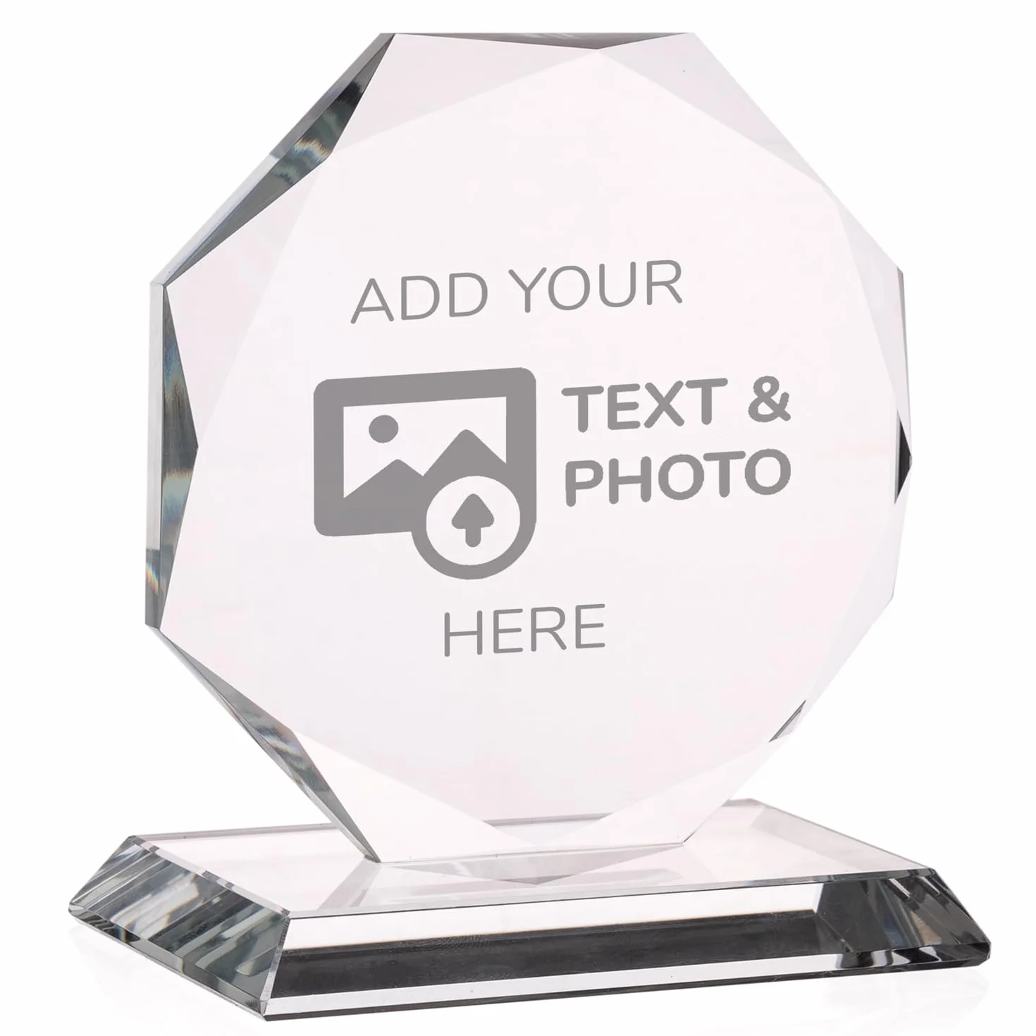 Trofeo Personalizado con Nombre y Texto Cristal Grabado Escala de Grises Octogonal Incluye Estuche