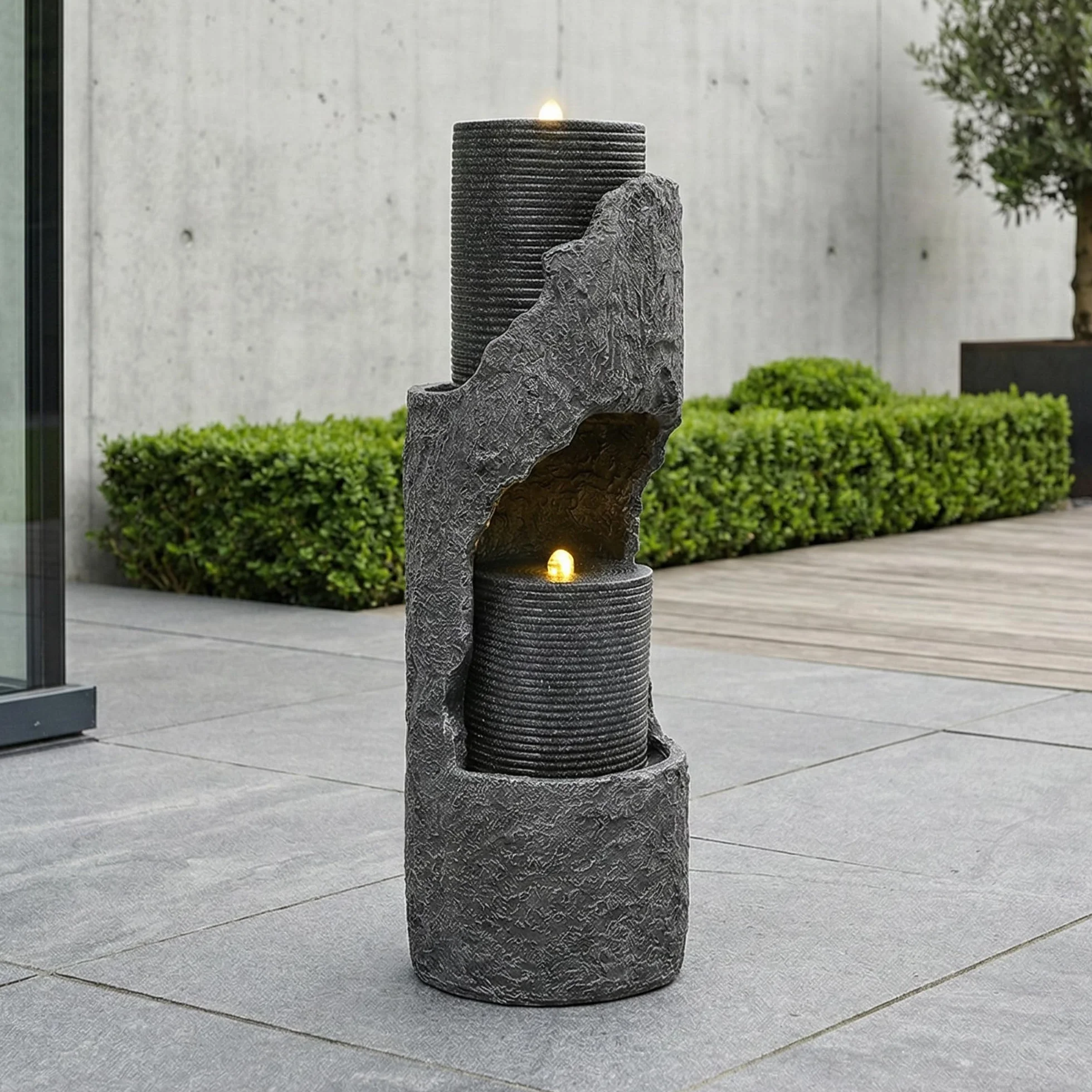 Fuente de Agua para Jardín y Exteriores, Fuente de Jardín con Iluminación LED, Cascada de 2 Niveles para Patio, Fuente Decorativa con Bombas, Decoración de Interior para Terraza (Gris)