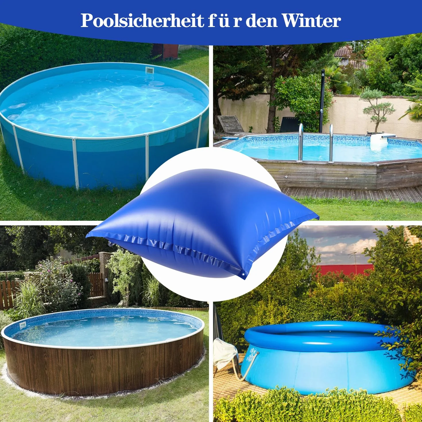Cojín de piscina de invierno para piscina, cojín de aire de 120 x 120 cm, cojín de invierno con válvula de seguridad, con cuerda de 8 m para la mayoría de tipos, cojines de piscina, cojín