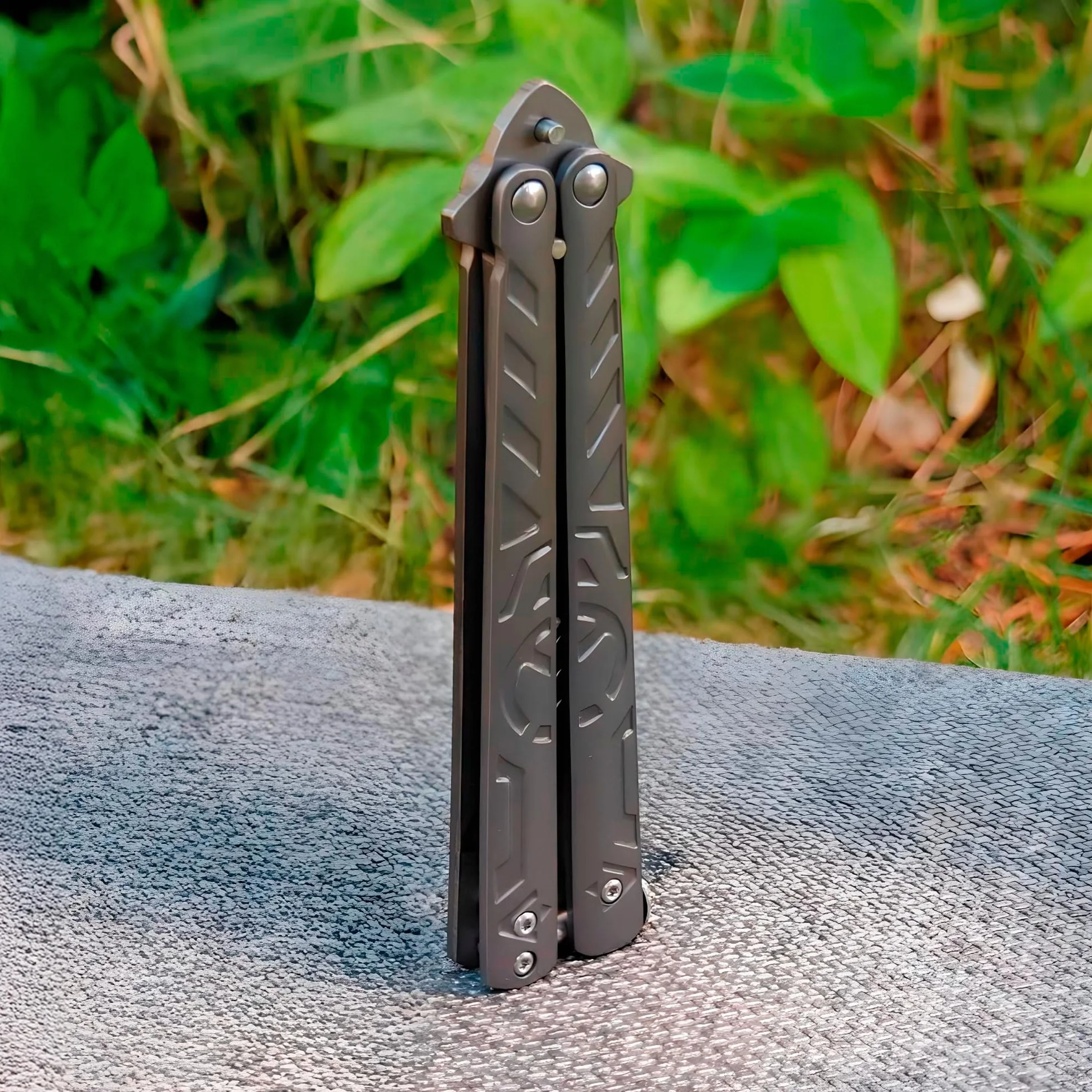 Navaja Mariposa Entrenamiento Acero Inoxidable Sin Filo Plegable Negro Plata