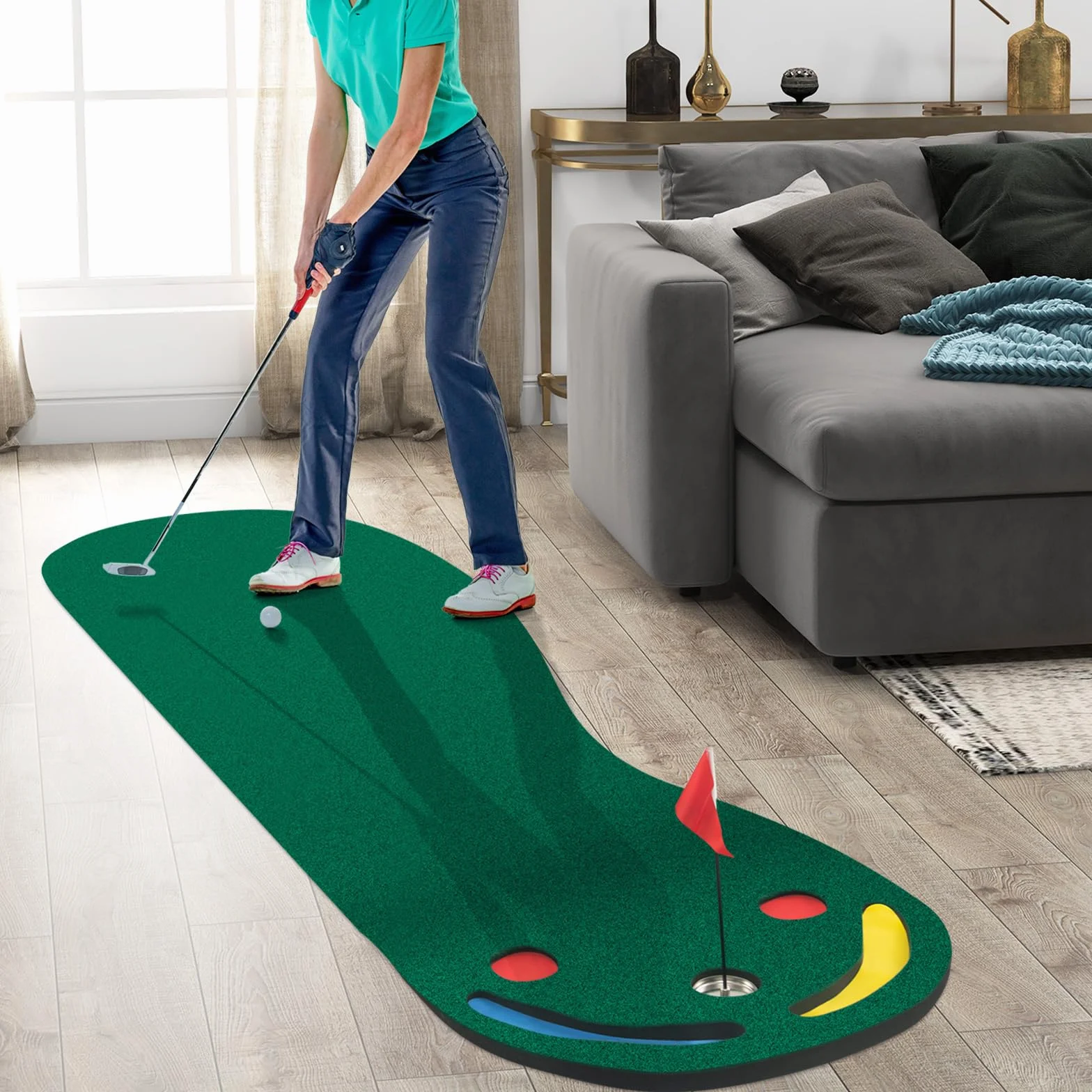 COSTWAY Alfombra de Putting de Golf 300x96 cm Mini Golf con 3 Tazas Bandera y Cubiertas