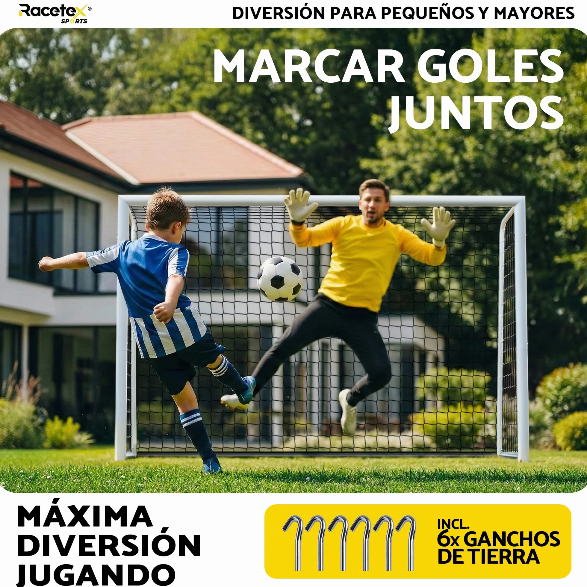 Portería de fútbol Racetex para jardín con marco de acero estable y anclaje de acero inoxidable