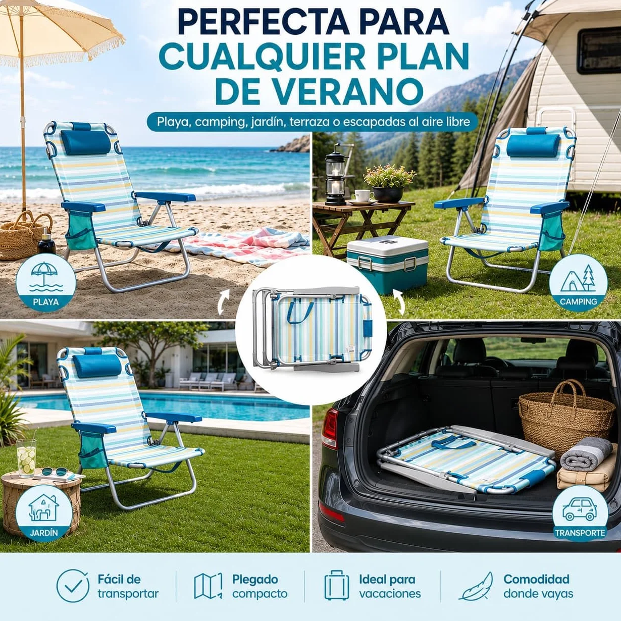 Silla Playa Plegable multiposición - con reposacabezas, Almohadilla y Bolso Lateral - Estructura de Aluminio Ligera y Tela Transpirable - Asas de Mano integradas