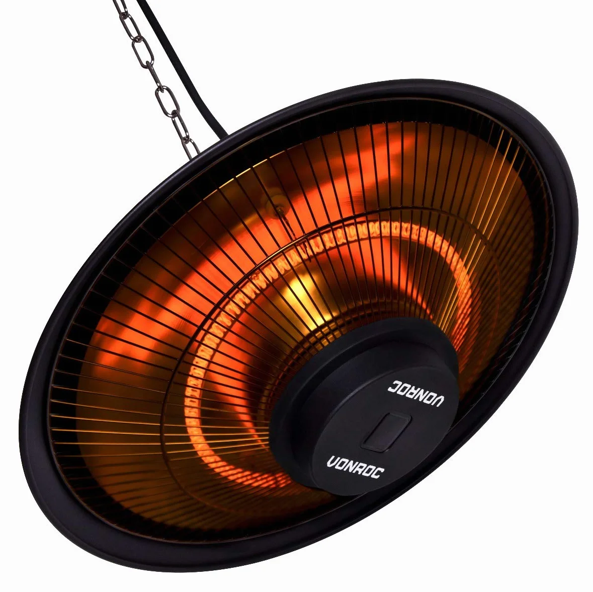 VONROC Calefactor de Terraza Colgante con Calor Infrarrojo 360° 1500W | negro mate, Ø42 cm, aluminio, control remoto incluido, IP44