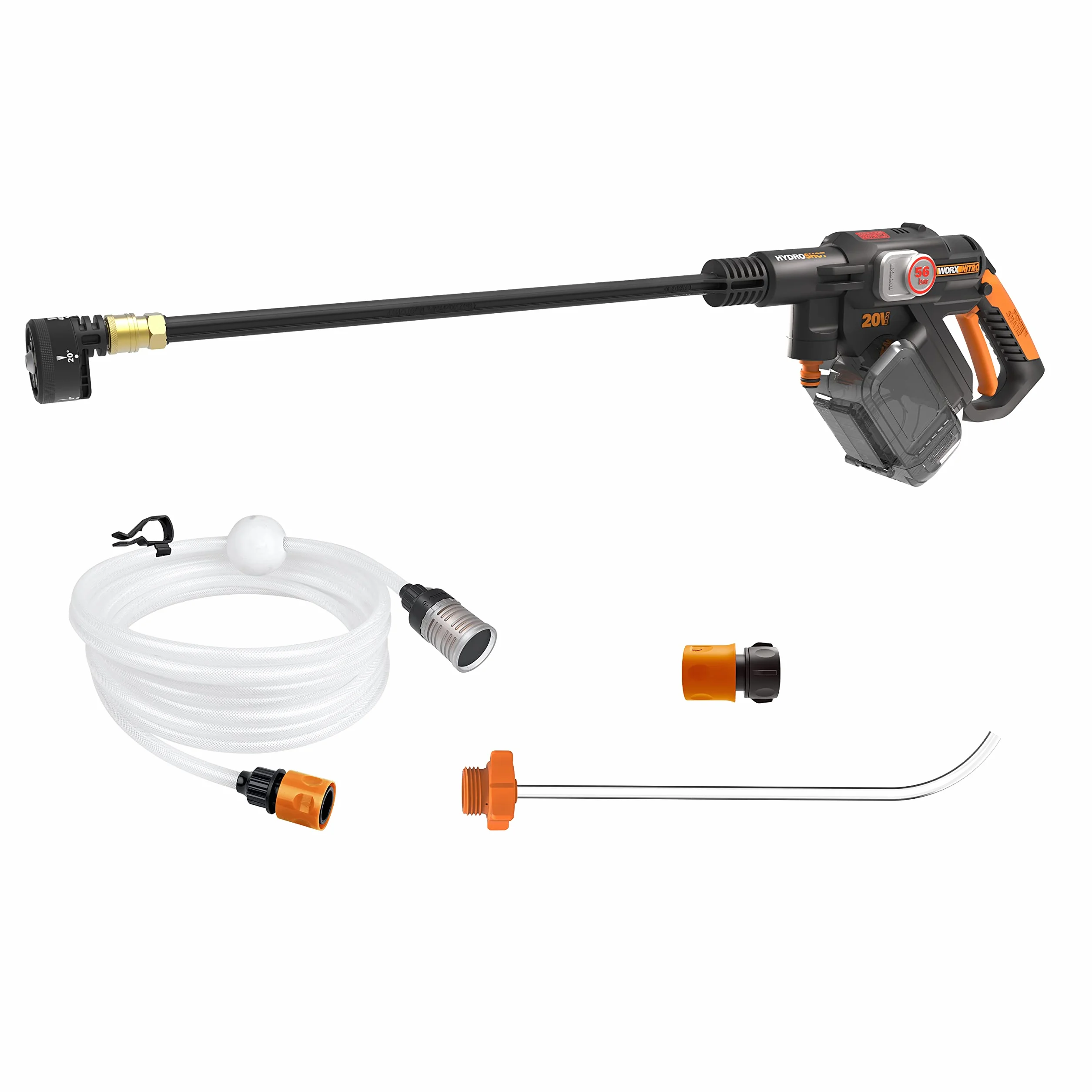 WORX Hidrolimpiadora a batería WG633E.9, 56 bares, 220L/H, Accesorios, Color negro naranja, Sin batería ni cargador