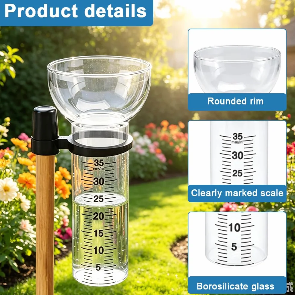 2 Piezas Pluviómetro De Cristal, Pluviómetro A Prueba De Helada de 35 mm, Vidrio de Repuesto para Pluviómetros con Soporte, Pluviómetros en Forma de Embudo para Medición De Agua De Lluvia