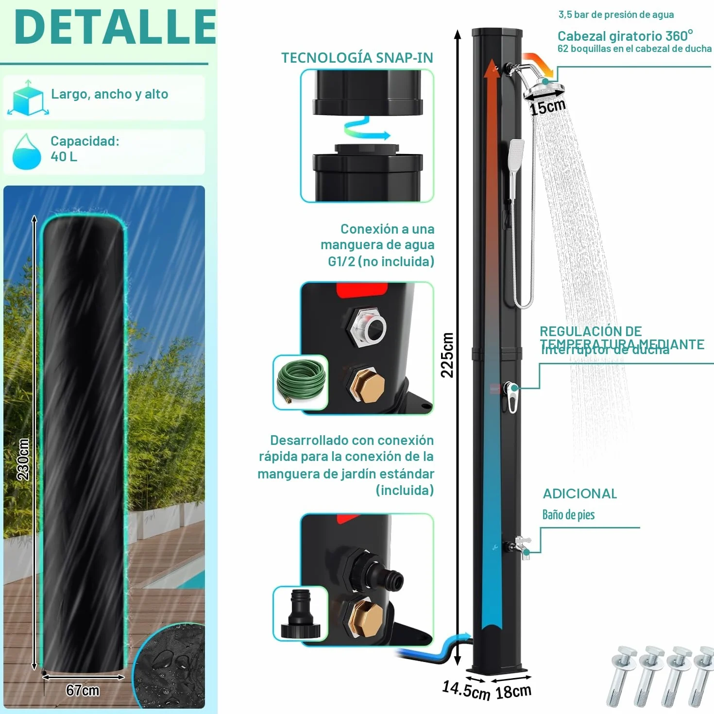 Ducha Solar de jardín de 40 l, Agua Caliente hasta 60 °C, sin conexión eléctrica, Ducha de Piscina, Camping con Ducha de pies y Cabezal de Ducha de Lluvia Giratorio, Incluye Material de