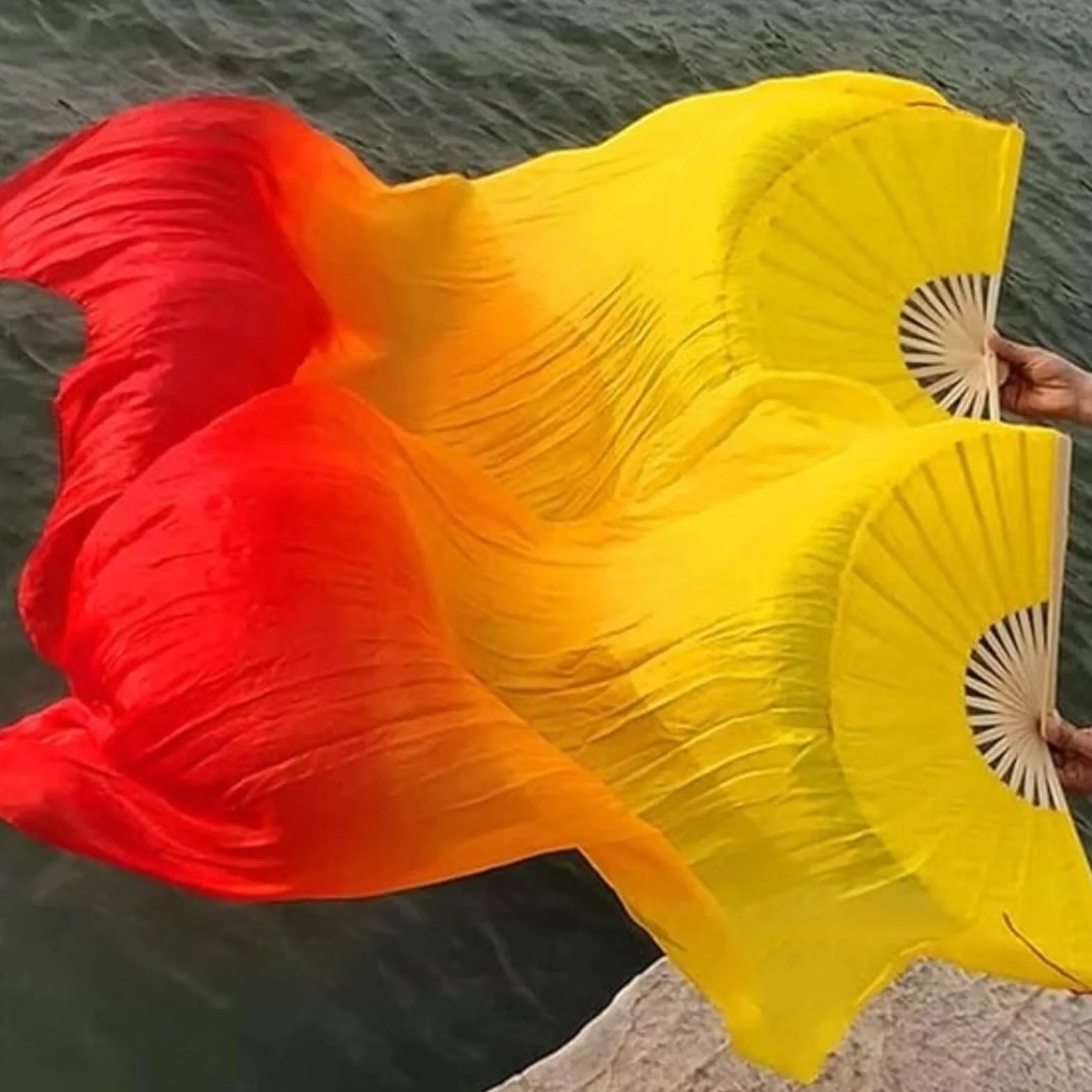 Ventilador de bambú de seda para danza del vientre 1,5 Metros Hecho a Mano (Rojo)