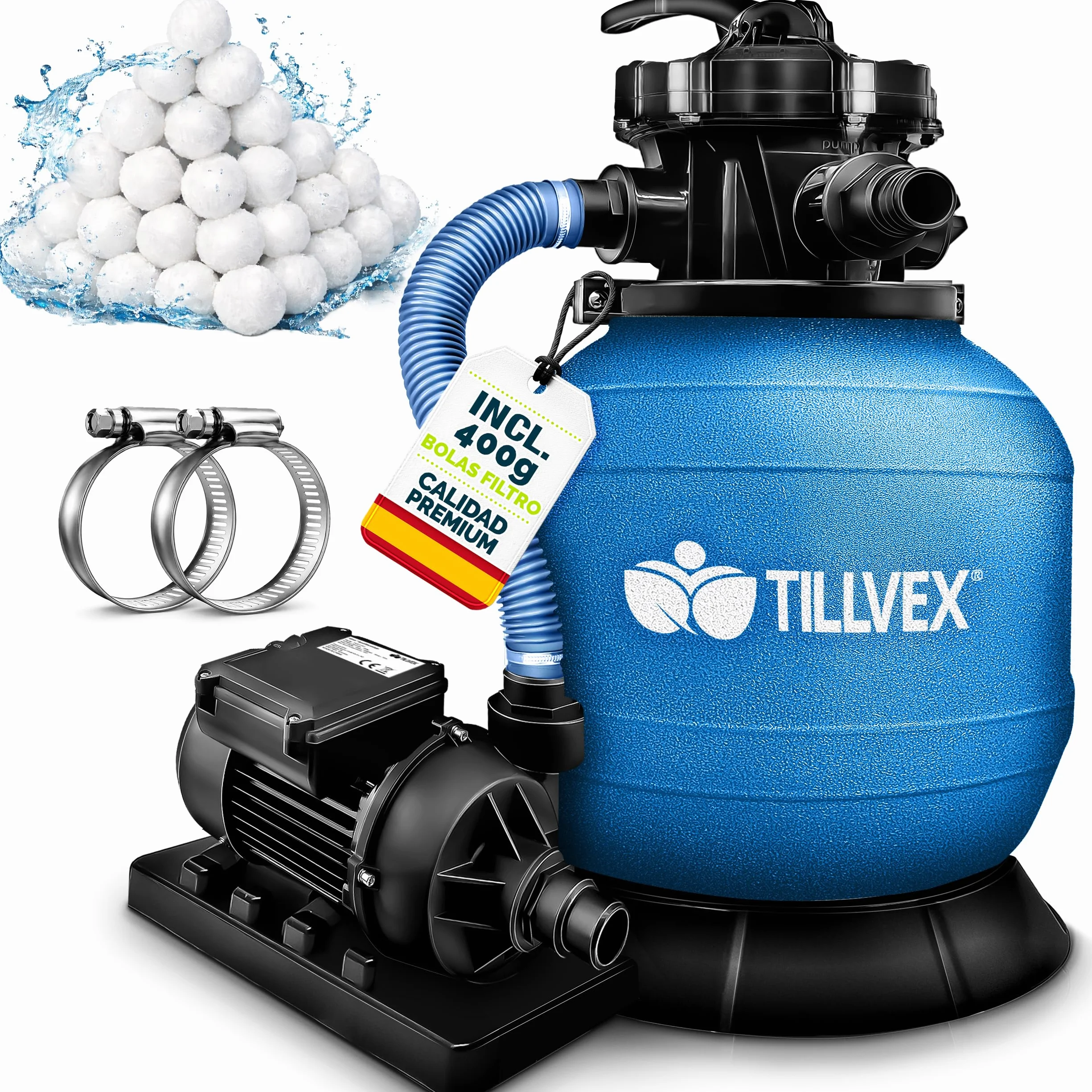 tillvex Depuradora de Agua para Piscina 7.900L/h + 400g Bolas de Filtro | 7 Funciones de Filtrado & Adaptador Ø32-38mm | Filtro de piscina con indicador de presión (Azul)