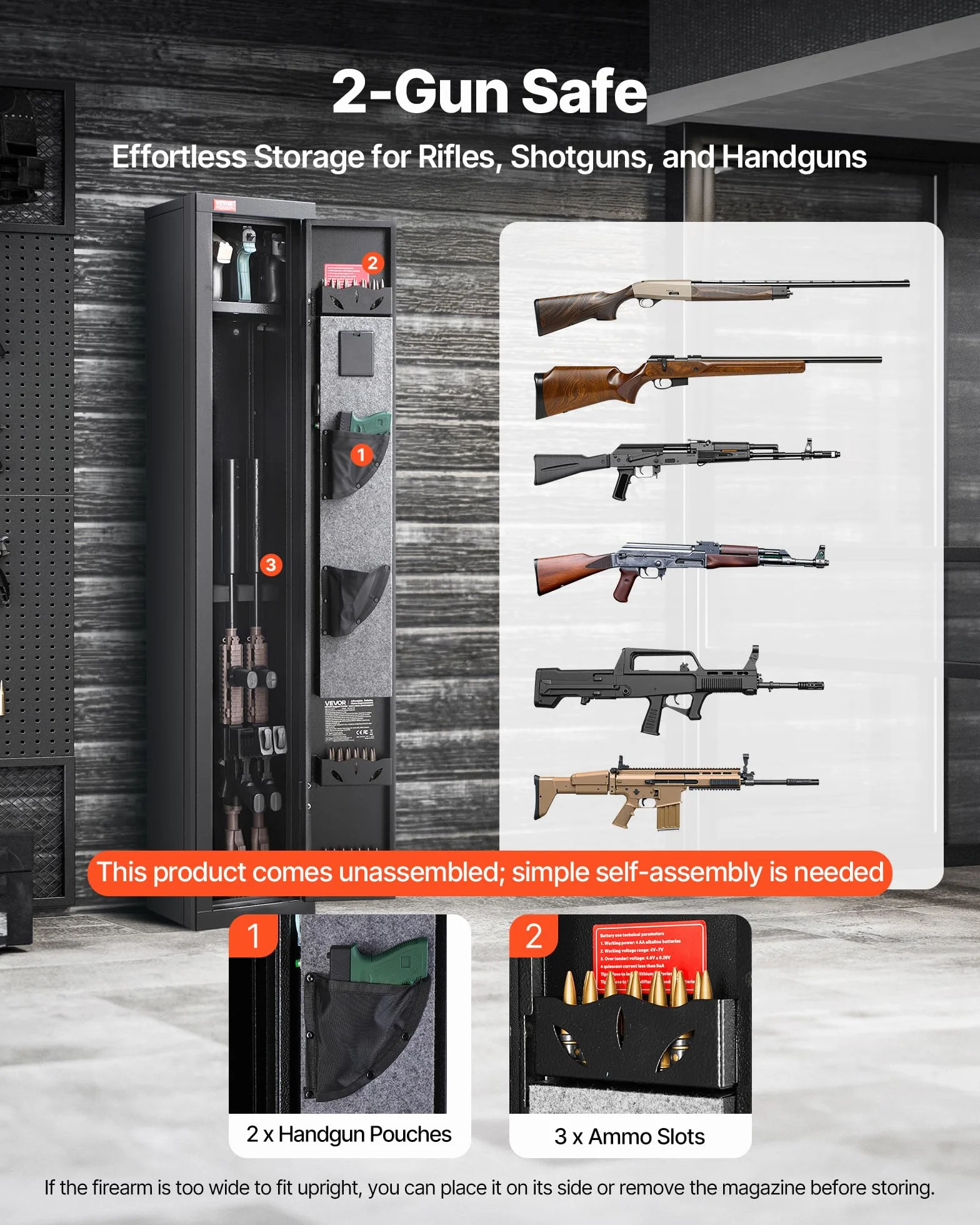 VEVOR Armario para Armas Largas, Caja Fuerte para Rifles con Teclado Digital y Llave, Iluminación LED, Soportes Ajustables, 250 x 220 x 1335 mm