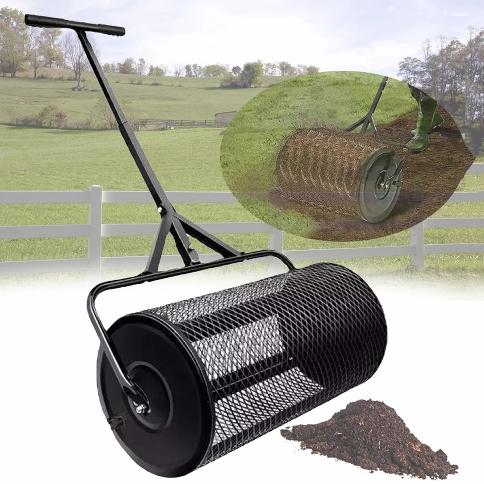 Esparcidor de abono de 24 pulgadas, esparcidor de césped con ruedas, esparcidor de semillas de musgo de turba multiusos con mango ajustable, para aderezo de abono, suciedad, mantillo, fertilizante, su