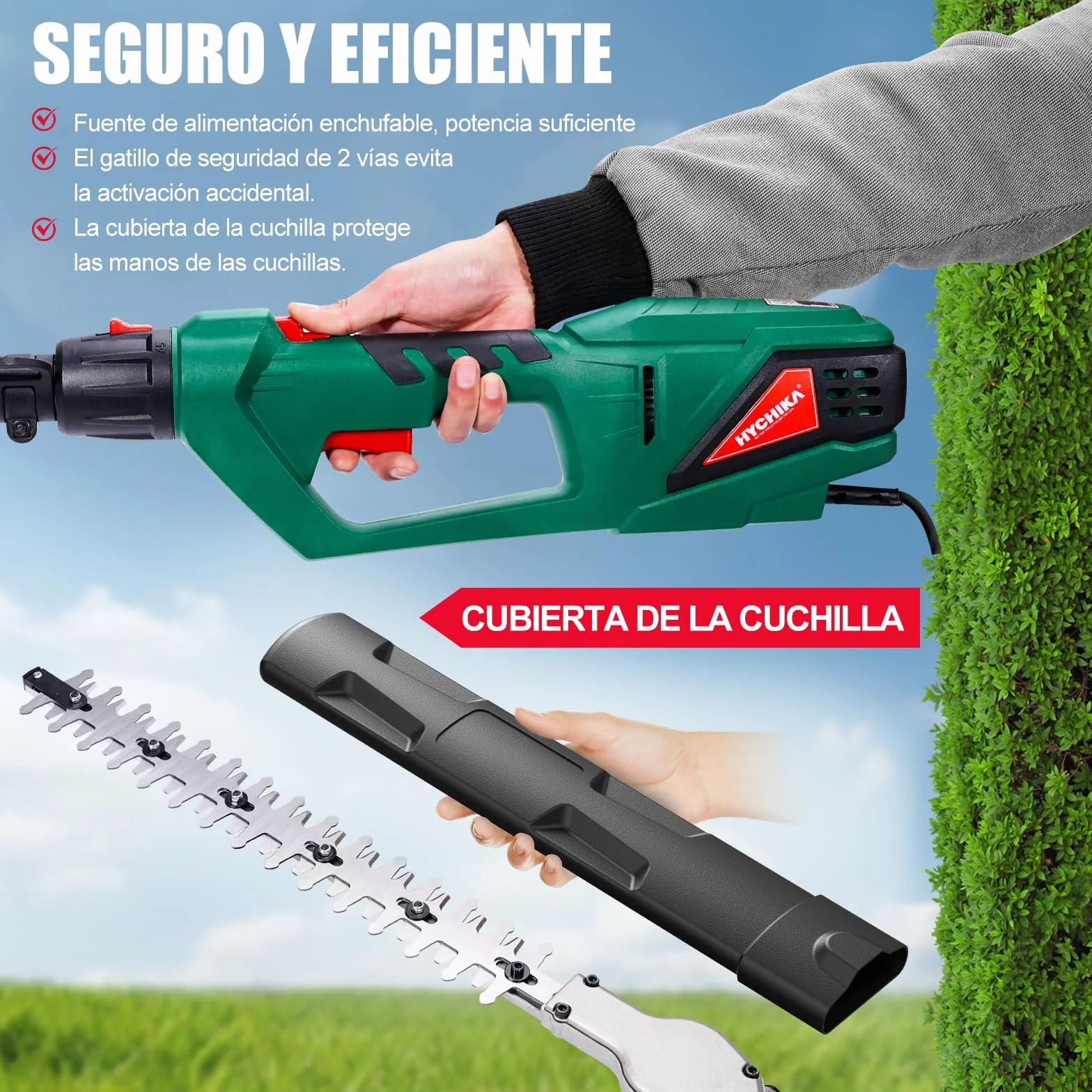 HYCHIKA Cortasetos Electrico Telescopico 900W, Cortasetos Telescopico, Extensible 200-250 cm, Cabezal Pivotante +90°~-45°, Doble Interruptor y Doble Asa, para Podar Césped, Arbustos y Setos