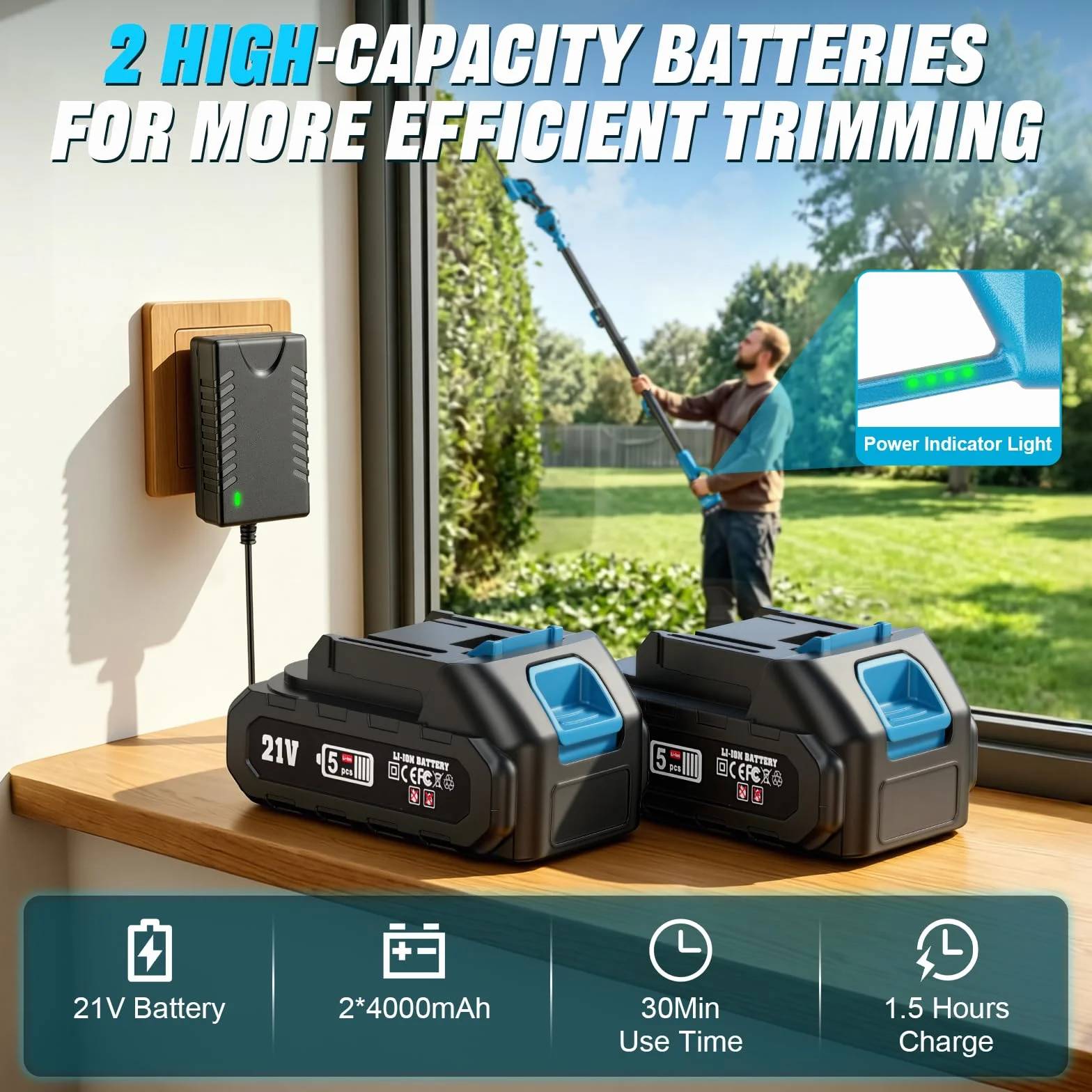 Cortasetos Telescópico Batería 2 en 1, Podadora Electrica Herramientas de Jardín con 2*4000 mAh Baterías Motor 550 W, Cortasetos 2,65M con Bandolera, Gafas, Guantes para Podar Arboles Patio de Jardín