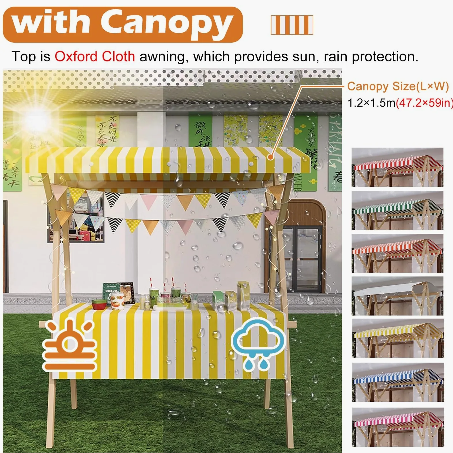 Carritos de Mercado, caseta Plegable de Madera para concesiones en mercados agrícolas y ferias, Carrito móvil con Ruedas, Puesto Playero (Amarillo, 140 cm de Ancho)