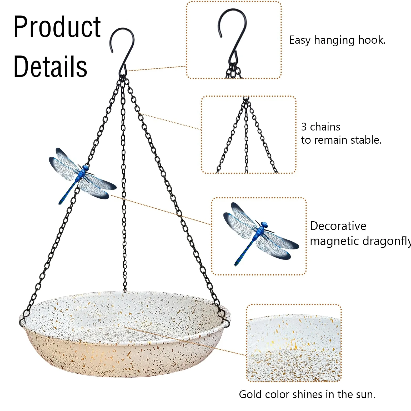 Baños colgantes para pájaros, comedero colgante para pájaros para exteriores, comedero de metal para pájaros silvestres de 11 pulgadas con cadenas negras para decoración de jardín y patio