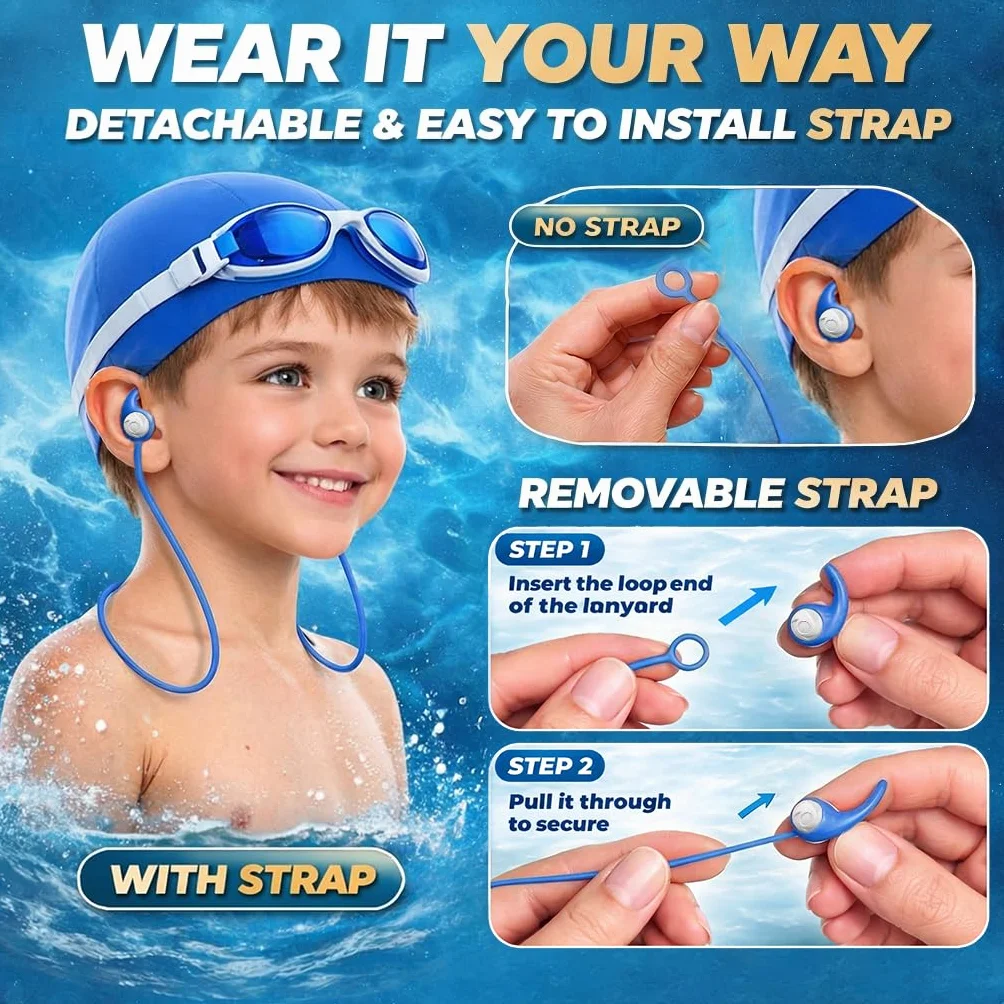 Tapones para los Oídos de Natación para Niños 3 Pares Silicona Impermeable Cordón Amovible Reutilizables