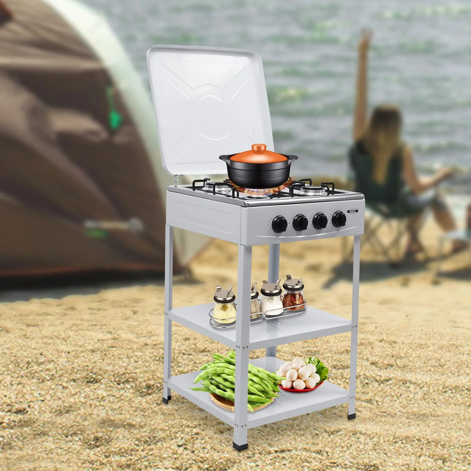 Cocina de gas de 4 llamas, cocina de gas al aire libre, con tapa, portátil, de acero inoxidable, para restaurante comercial, cocina, camping y picnic, color blanco