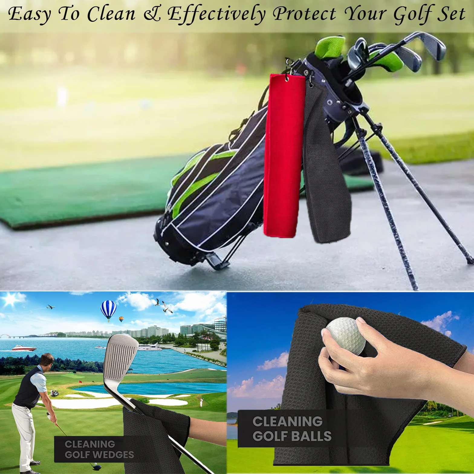 Toallas de Golf de Microfibra con patrón de gofre, Juego de 2, Negro + Rojo