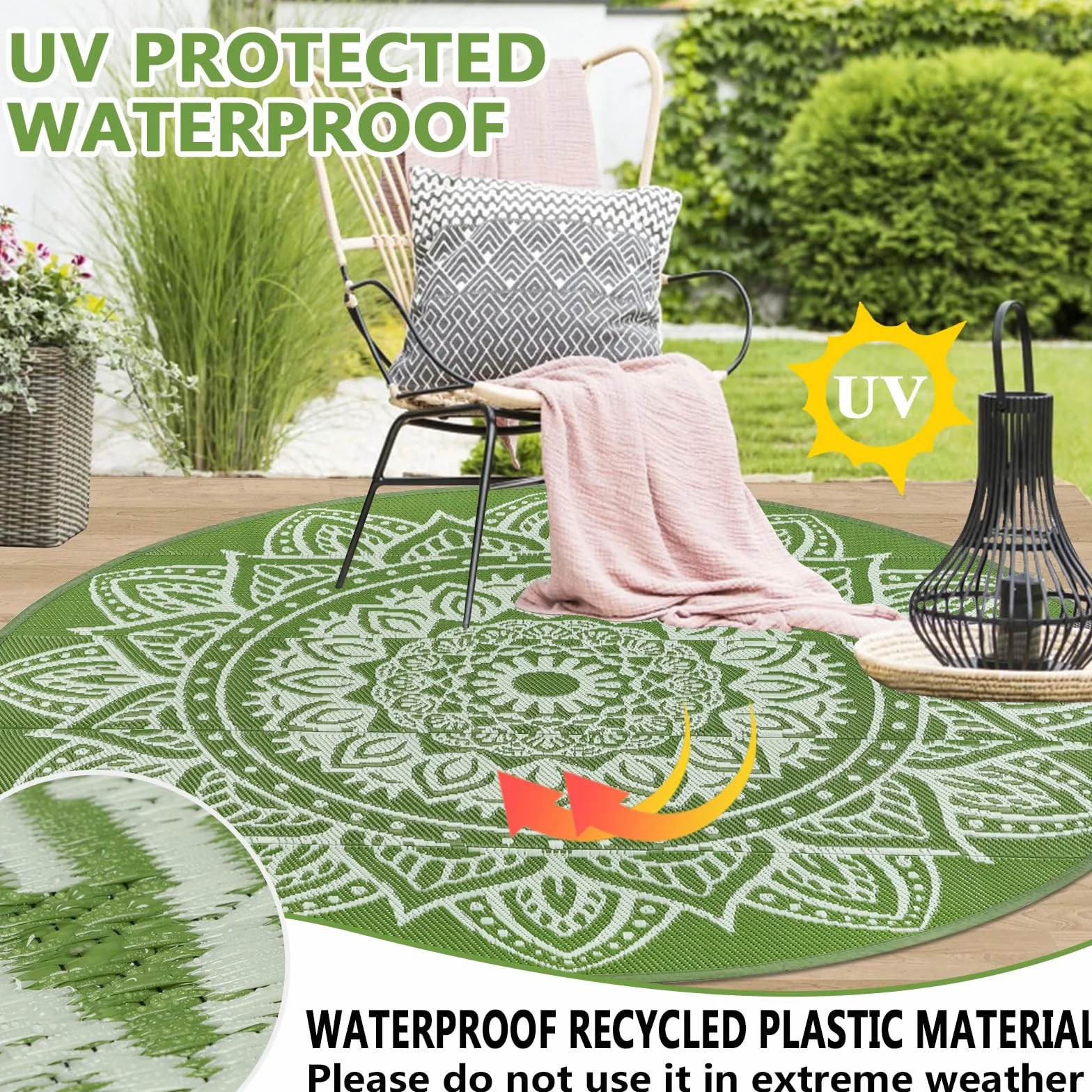 Famibay Alfombra Exterior Impermeable Redondo 180cm Alfombras De Exterior Reversible Plástico Resistente A Los Rayos UV Verde Tapete Terraza Patio Jardin Balcón