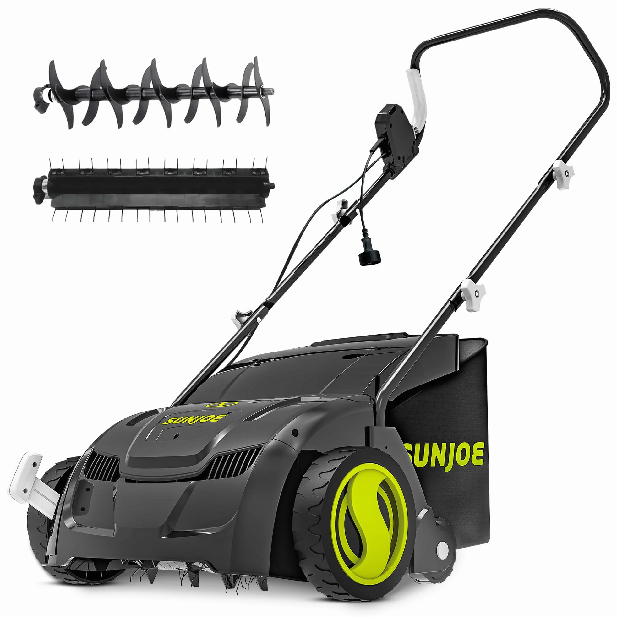 Sun Joe AJ801E 12 amperios, destilador eléctrico y escarificador con bolsa extraíble de 8 galones, ajuste de altura de 5 posiciones, tecnología Airboost aumenta la salud del césped, 13 pulgadas, verde