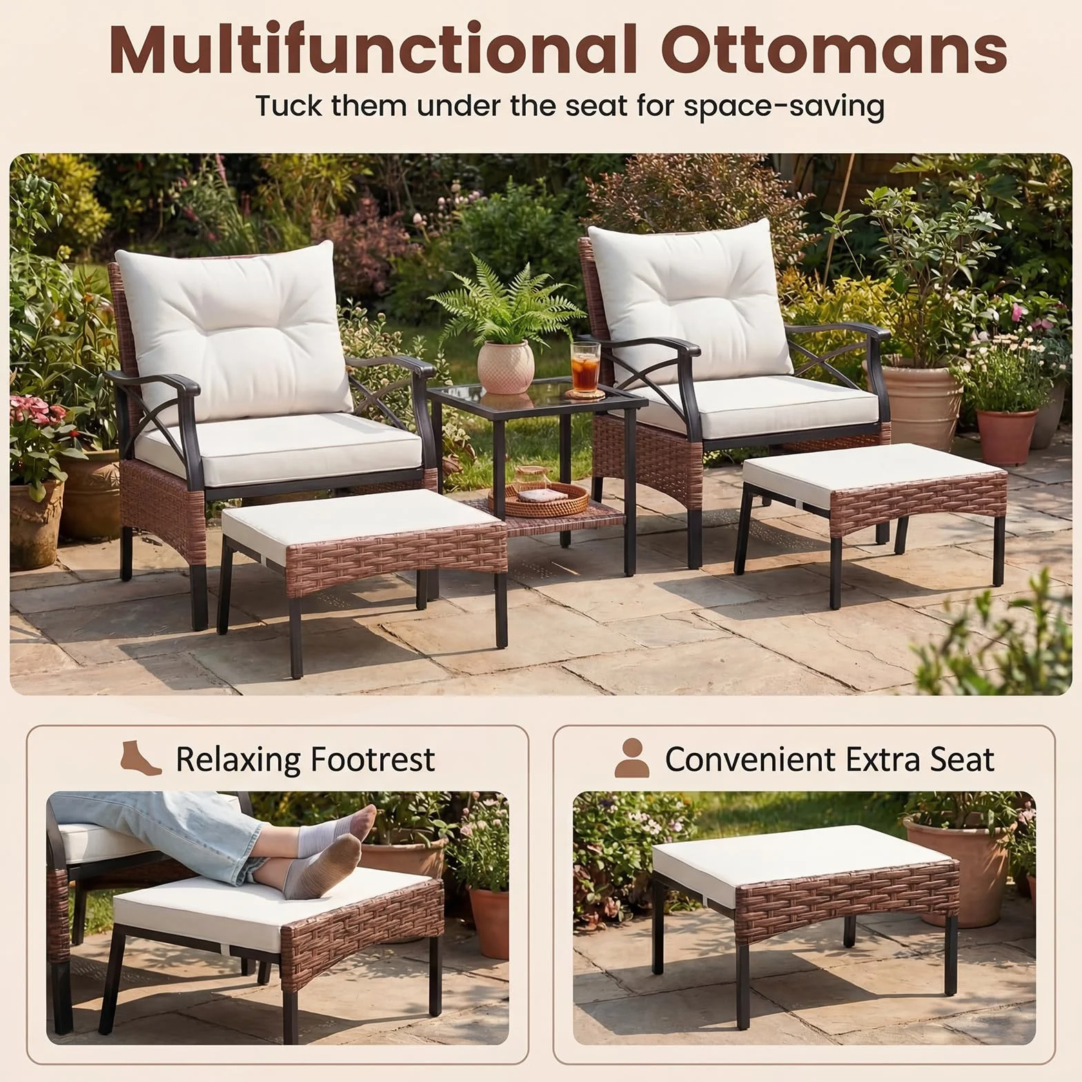 GIANTEX Conjunto Muebles Jardín Exterior de Ratán 5 Piezas, 2 Sillones, 2 Otomanas y Mesa de Vidrio, Cojines Extraíbles, para 2-4 Personas, Juego de Conversación para Patio Terraza (Marrón+Beige)