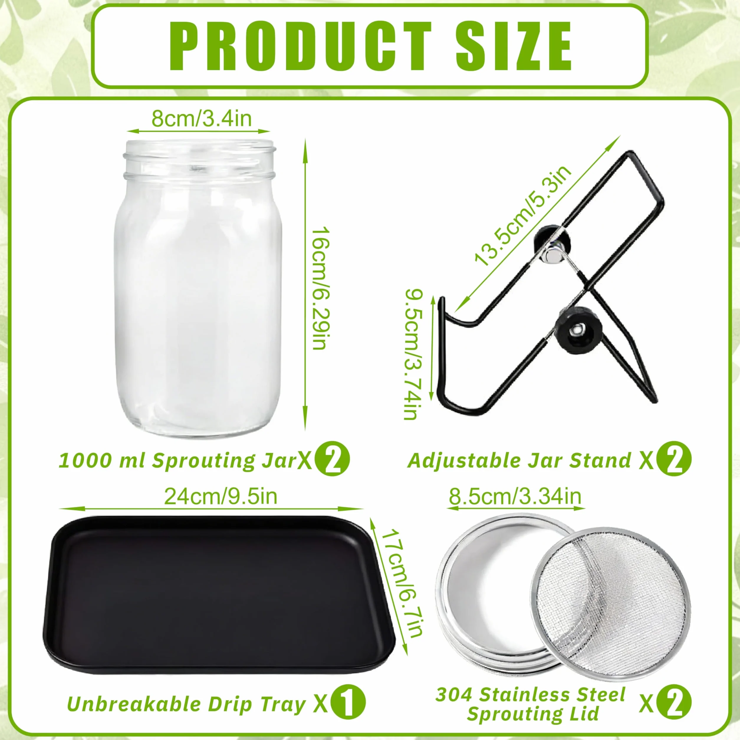 Juego de 2 vasos de brotes de 1000 ml, acero inoxidable 304, tapa coladora y cuenco, brócoli, berros y demás para extraer tú mismo, respetuoso con el medio ambiente para una germinación