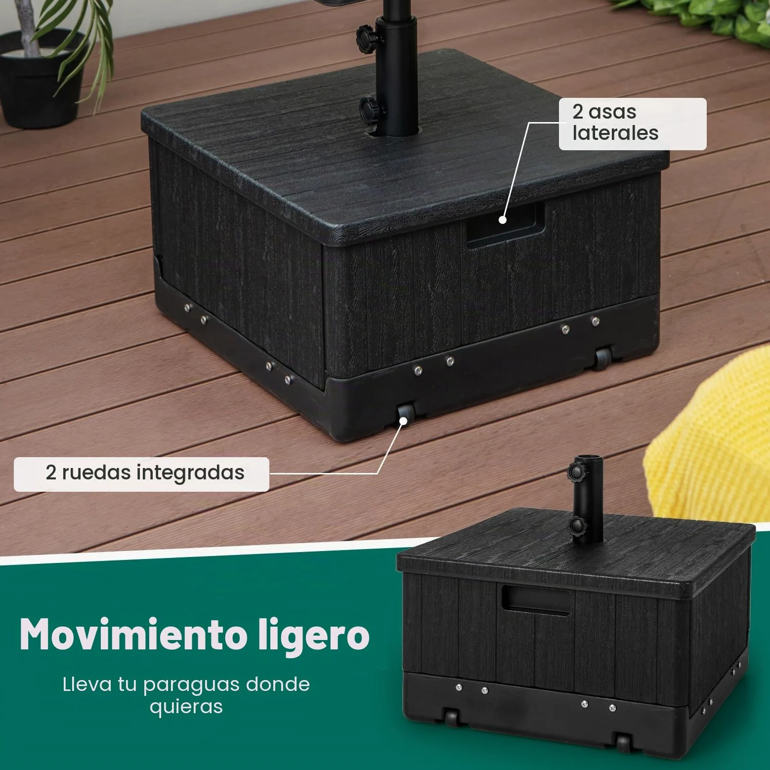 RELAX4LIFE 3 en 1 Soporte para Sombrilla Rellenable con Ruedas y Mesa Auxiliar, Base Sombrilla HDPE con Asas y Bolsa de Peso para Postes de Sombrilla 38/48 mm para Terraza/Piscina/Jardín (Negro)