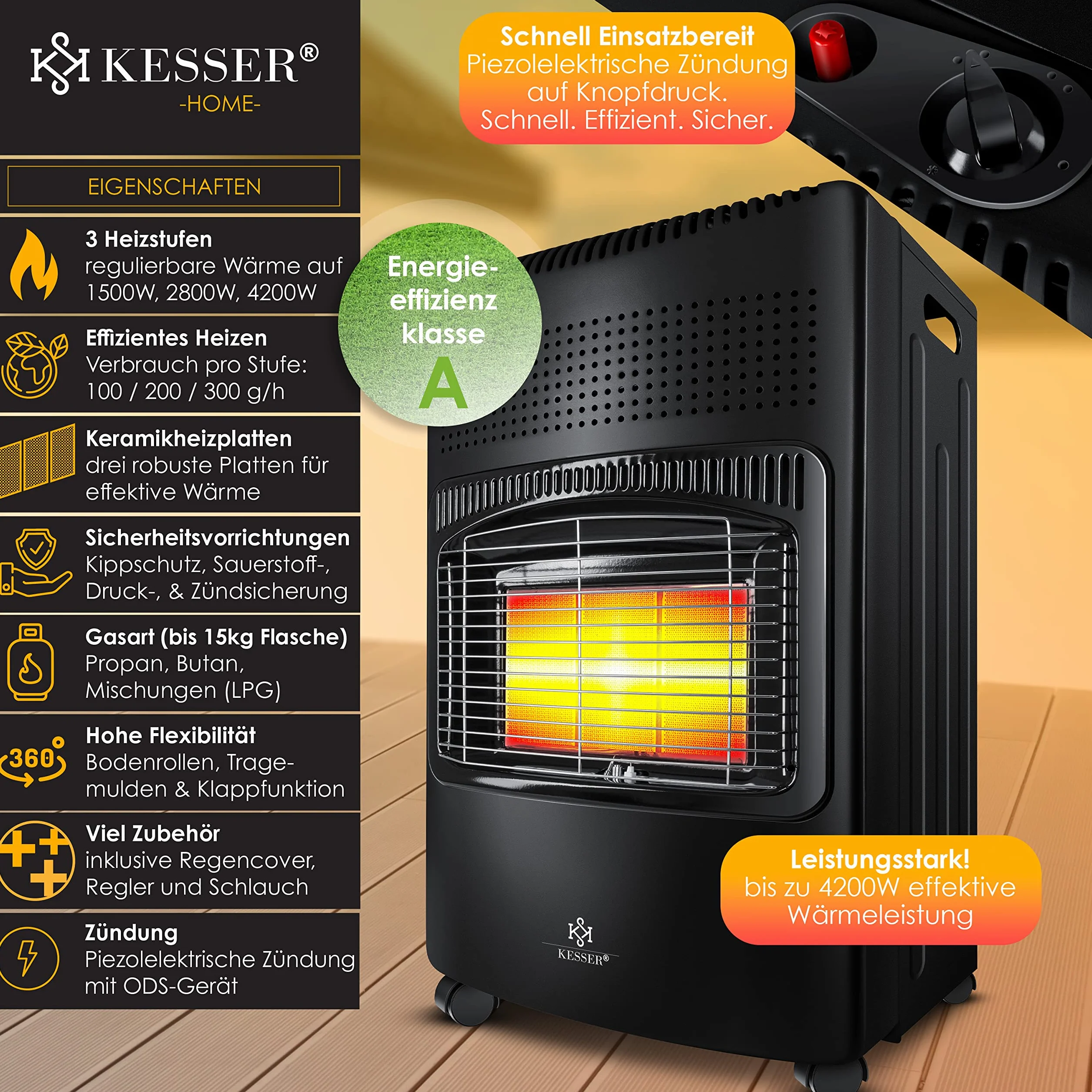 KESSER® El calentador cerámico de gas de 4200W, incl. regulador y manguera de gas, calentador con quemador cerámico de infrarrojos, bombonas hasta 15kg