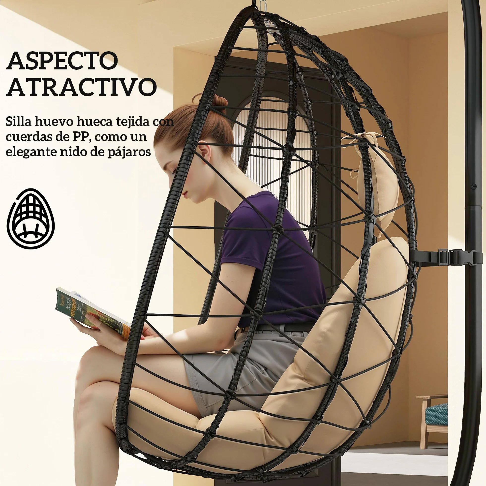 Outsunny Silla Colgante Huevo con Soporte Columpio Jardín Exterior con Cesta Plegable Cojín y Reposacabezas Columpio Colgante para Interior y Exterior Carga 120 kg Caqui