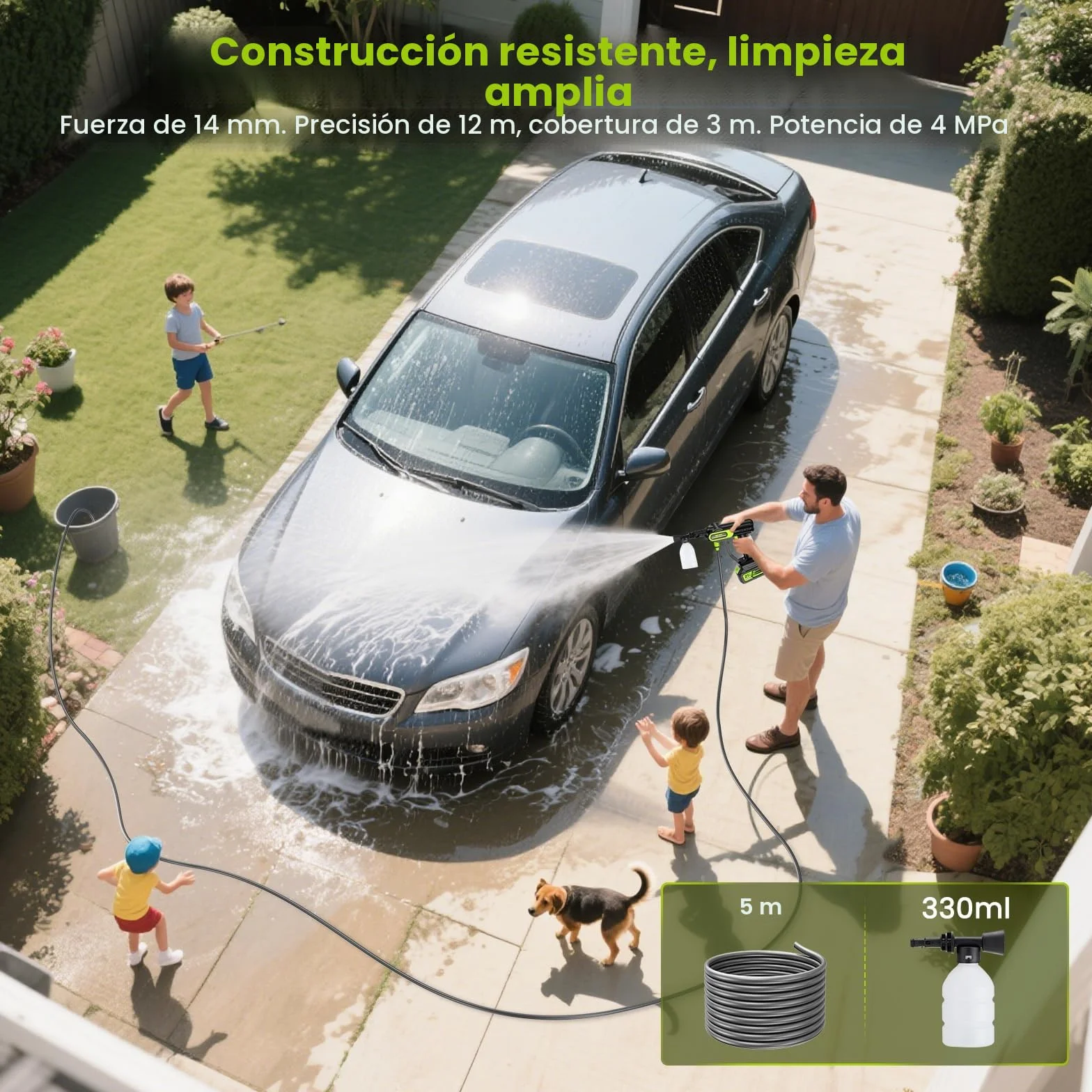 Hidrolimpiadora a Bateria de Alta Presión con Boquilla 6 en 1, 2 Baterías 4000mAh, 14 mm Salida de Agua 100 Bar, 5M Tubo y Caja de Almacenamiento para Limpiar Coche, Terraza, Jardín Limpieza y Riego