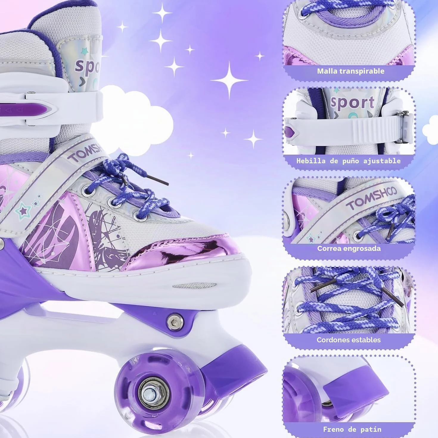 TOMSHOO Patines 4 Ruedas Ajustables con LED para Niñas Niños Principiante