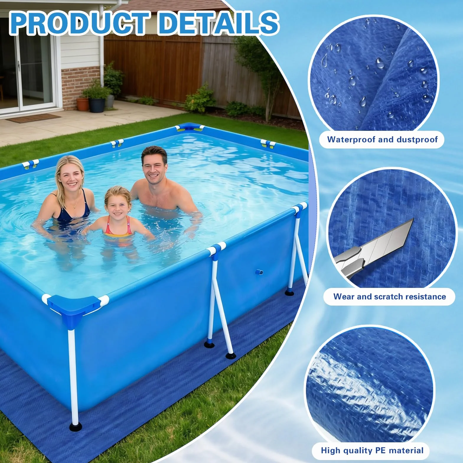 Paño para el Suelo de la Piscina, Tapiz Suelo Piscina, Alfombra de Protección Azul, Impermeable, Resistente, para Piscinas Hinchables y Piscinas sobre el Suelo (300 x 200 cm)