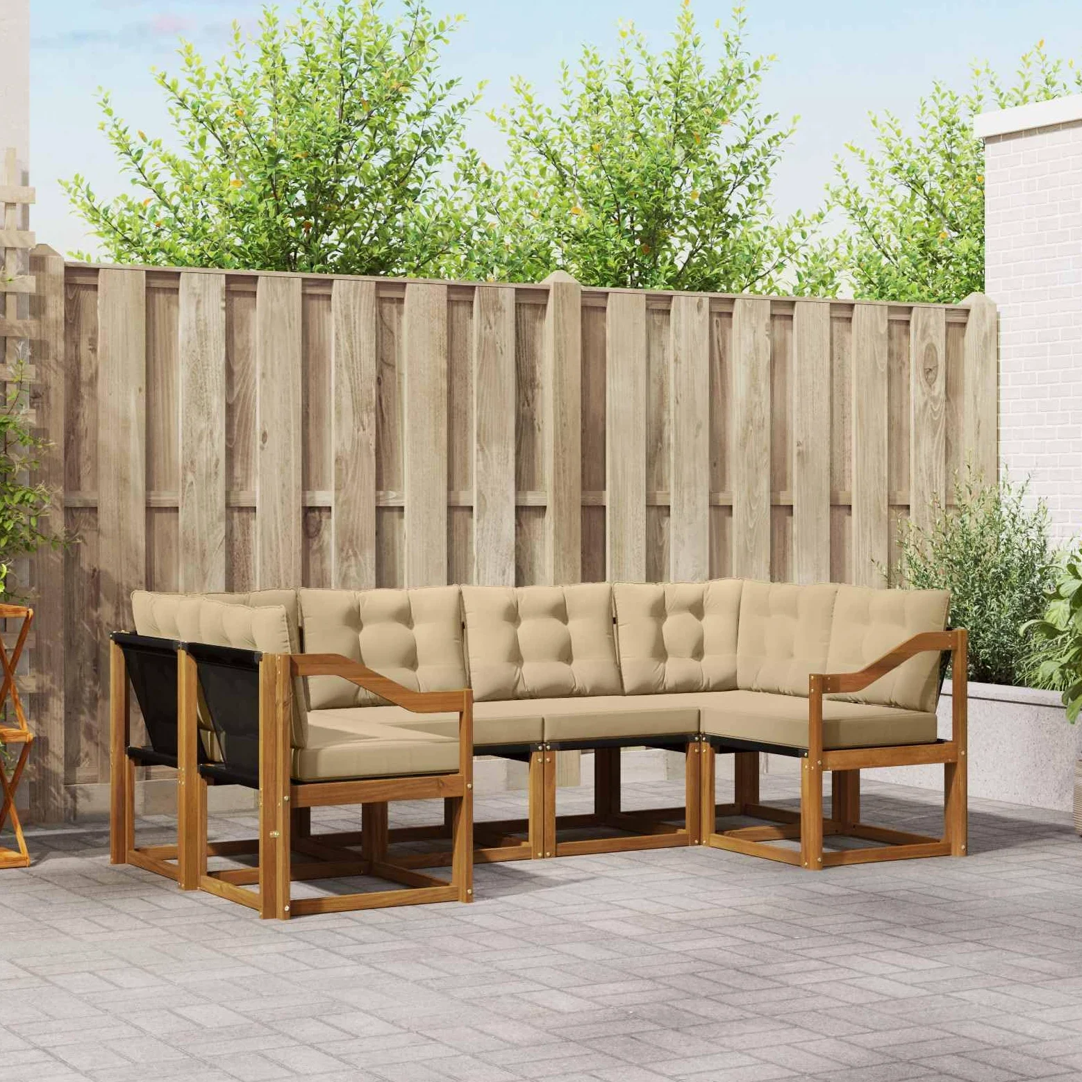 Juego de 6 sofás de exterior natural y beige de madera maciza de acacia con textileno para jardín, terraza y zona de piscina con cómodos cojines y fundas extraíbles