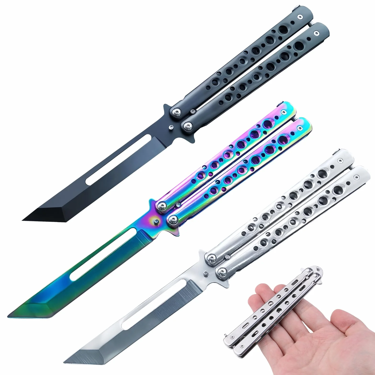 Navajas de Mariposa de Acero Inoxidable para Practicar, Cuchillo de Flipping para Principiantes (Negro)