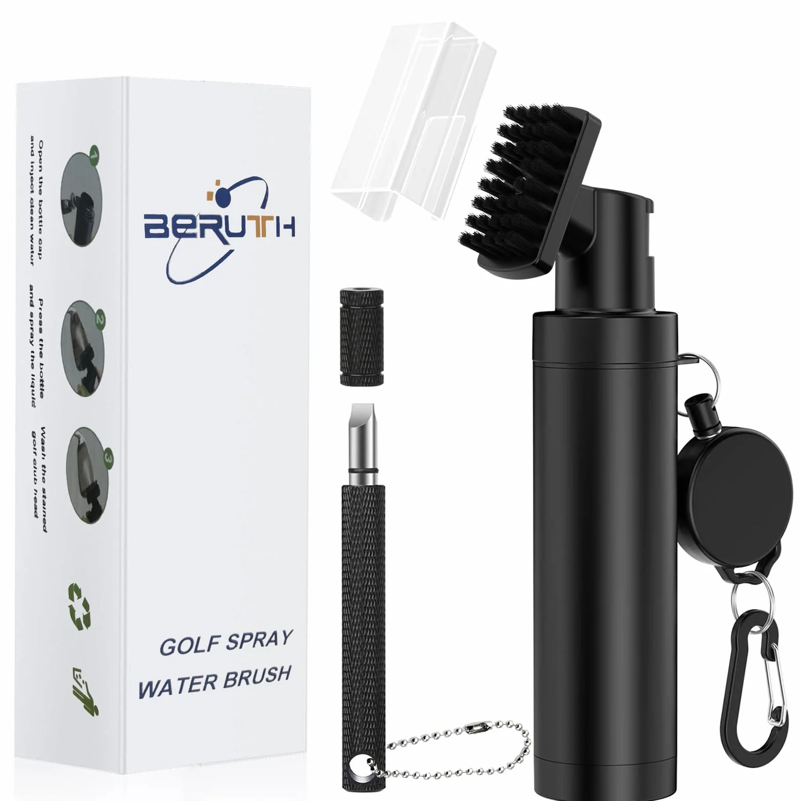 Cepillo limpiador de palos de golf 360° con clip mosquetón y botella a prueba de fugas, herramienta ligera compacta para palos, pelotas y zapatos